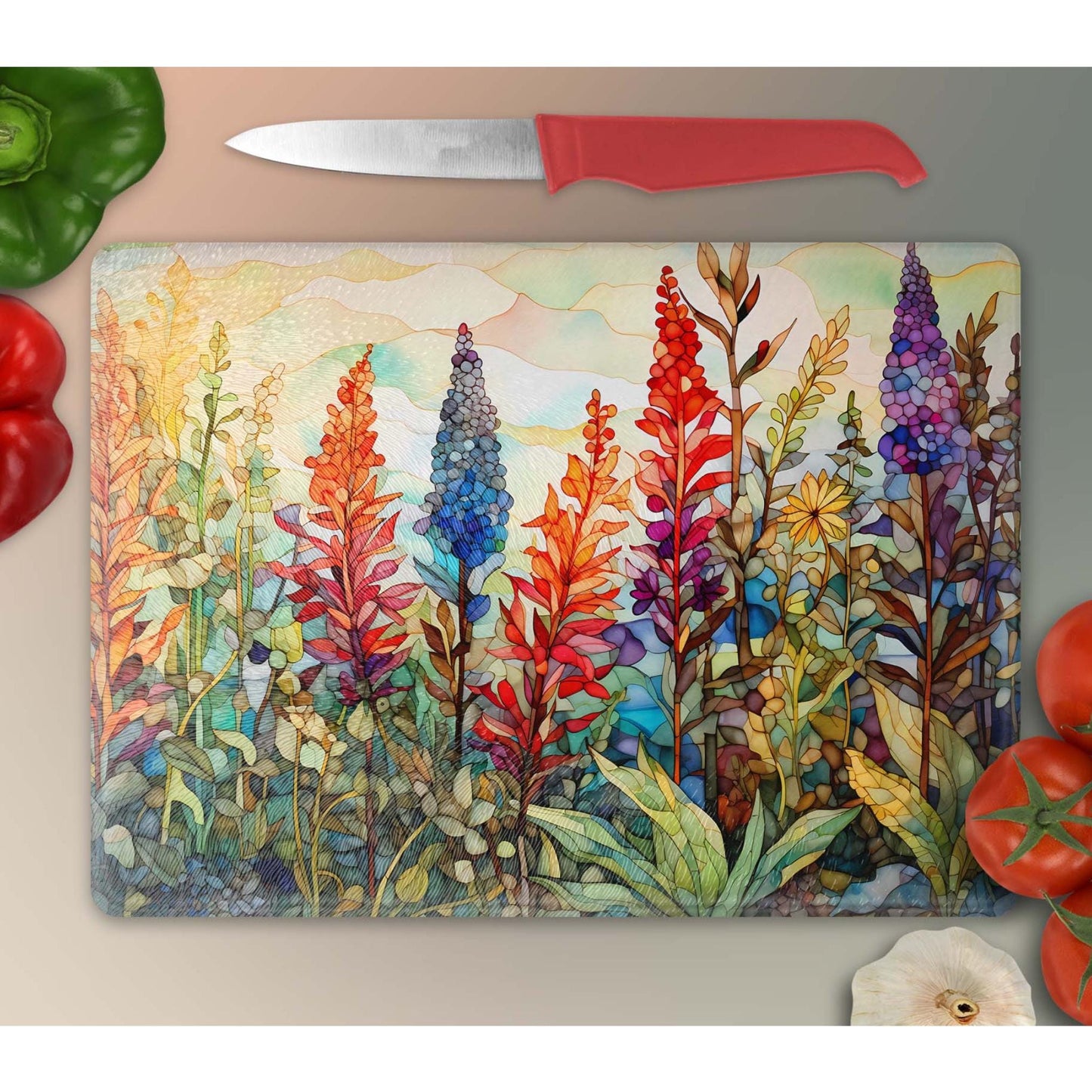 Whimsical Wildflowers Glass Cutting Board II - Floral Tempered Glass Chopping Board for Cheese & Charcuterie, Functional Kitchen Art