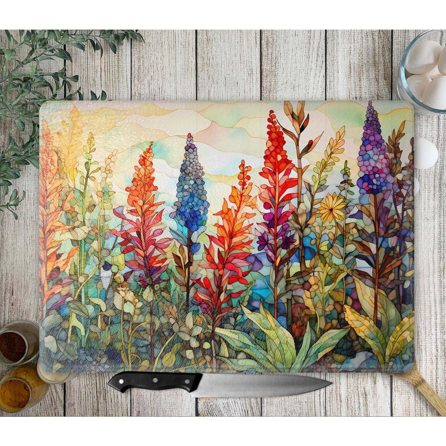 Whimsical Wildflowers Glass Cutting Board II - Floral Tempered Glass Chopping Board for Cheese & Charcuterie, Functional Kitchen Art