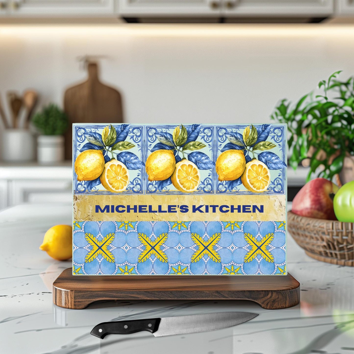 Personalized Glass Cutting Board - Mediterranean Style Tempered Glass Chopping Board for Cheese & Charcuterie, Functional Kitchen Lemon Art