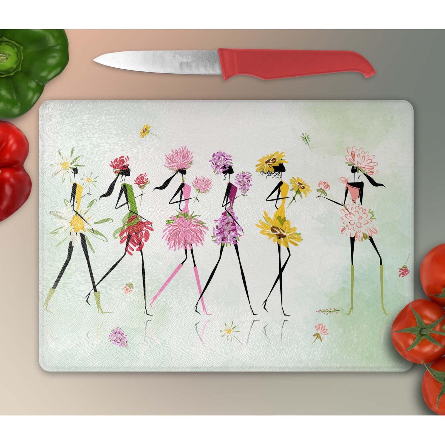 Whimsical Women Glass Cutting Board - Floral Tempered Glass Chopping Board for Cheese & Charcuterie, Functional Kitchen Art
