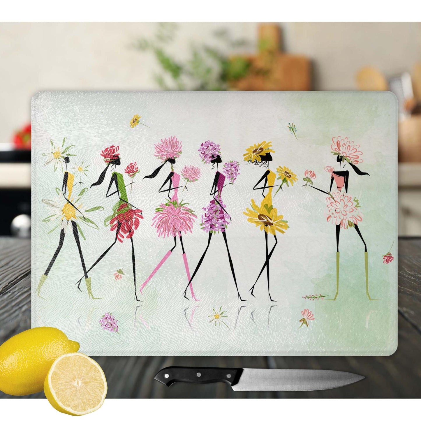 Whimsical Women Glass Cutting Board - Floral Tempered Glass Chopping Board for Cheese & Charcuterie, Functional Kitchen Art