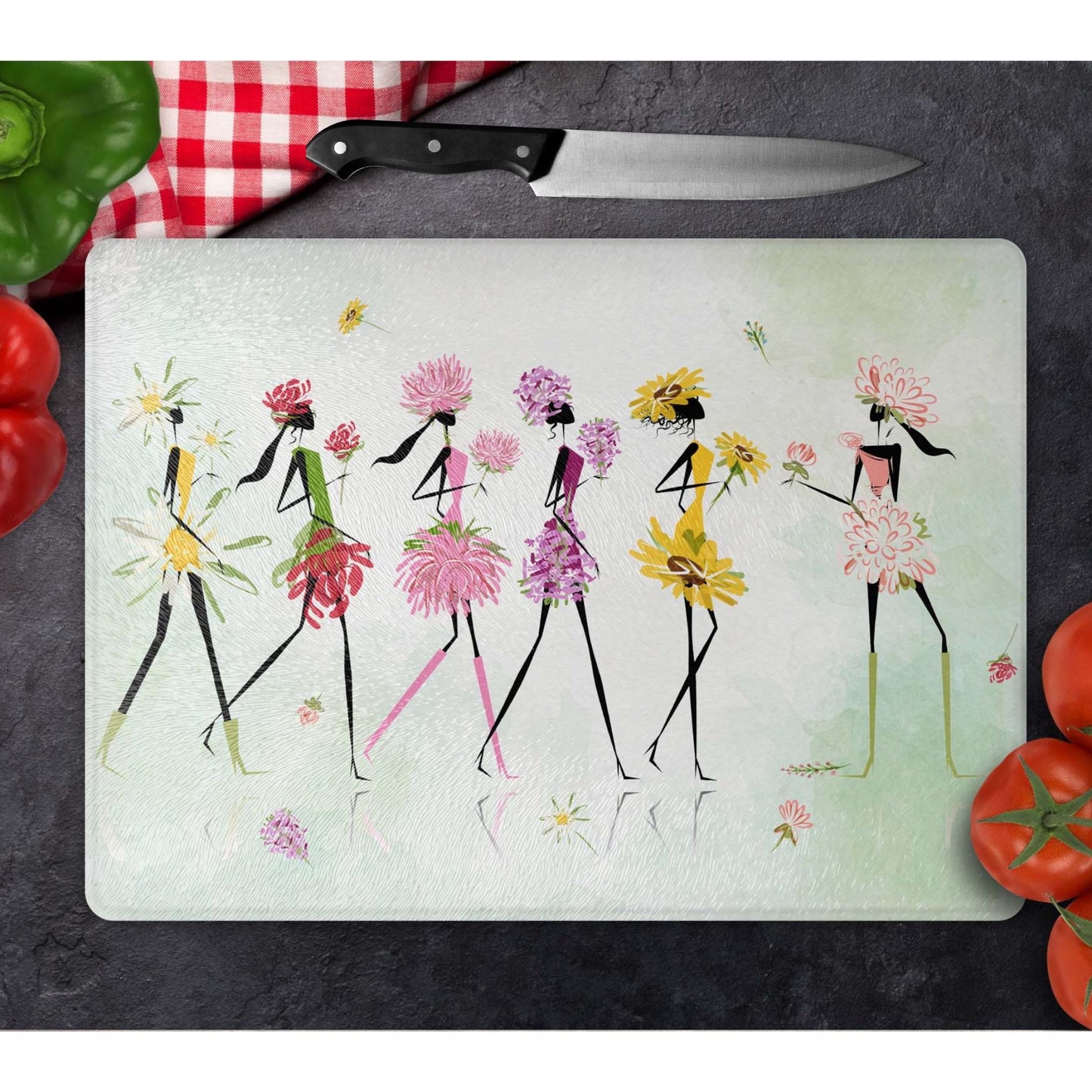 Whimsical Women Glass Cutting Board - Floral Tempered Glass Chopping Board for Cheese & Charcuterie, Functional Kitchen Art