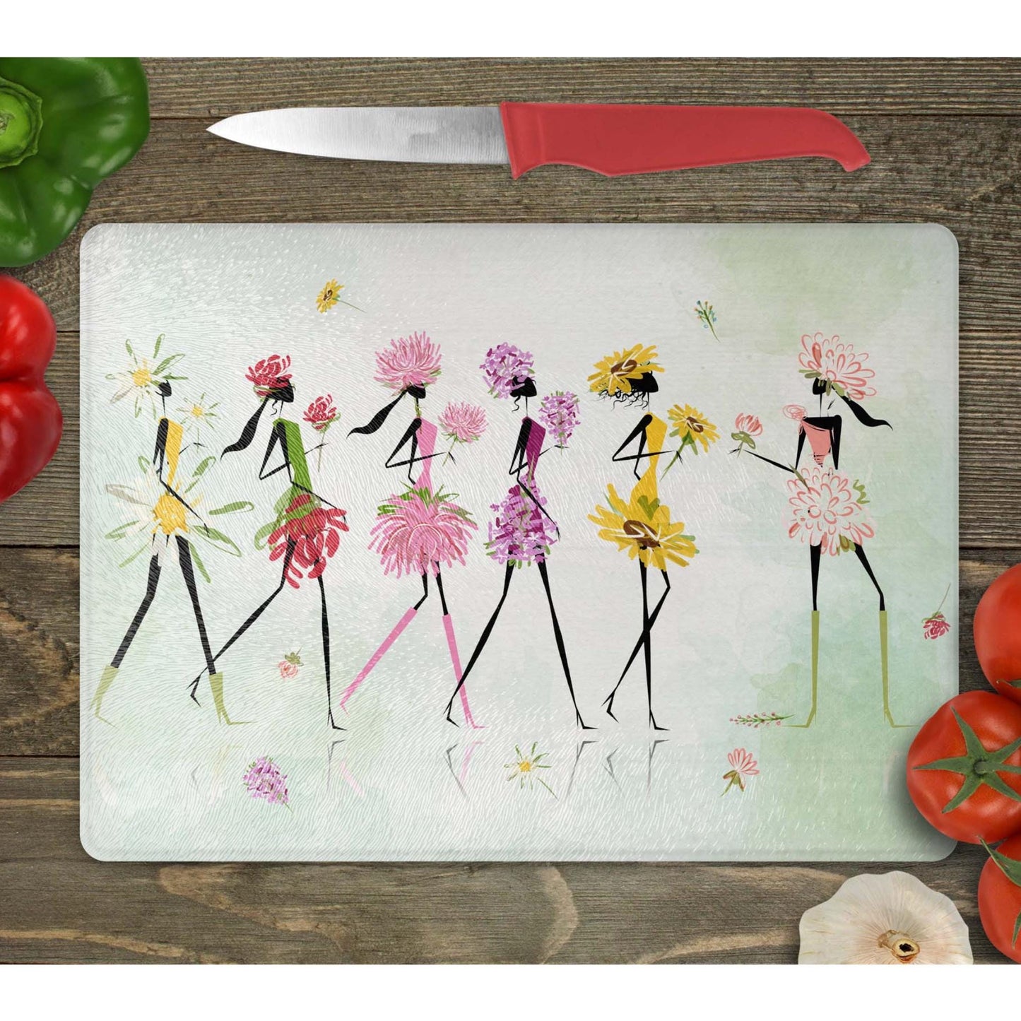 Whimsical Women Glass Cutting Board - Floral Tempered Glass Chopping Board for Cheese & Charcuterie, Functional Kitchen Art