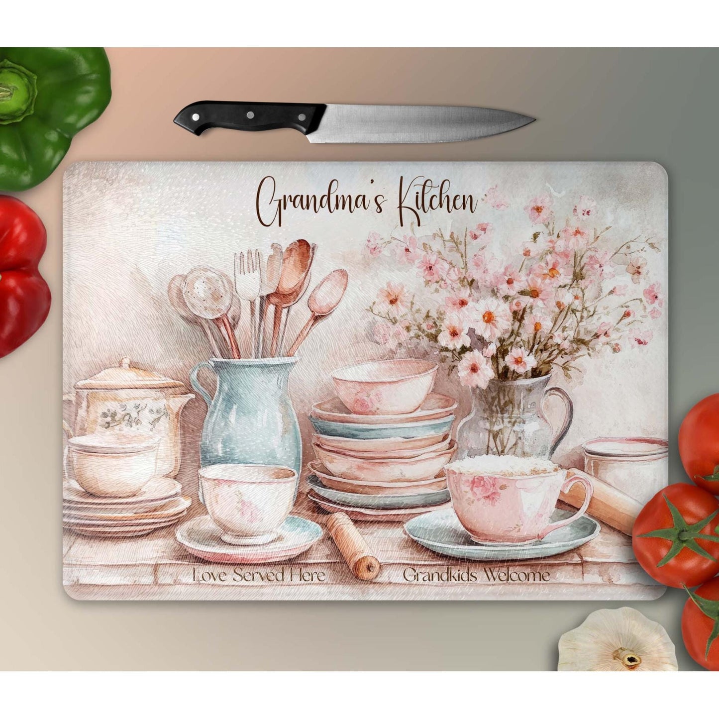 Grandma's Kitchen Glass Cutting Board, Stunning Tempered Glass Serving Tray for Charcuterie, Thoughtful Gift from Grandkids