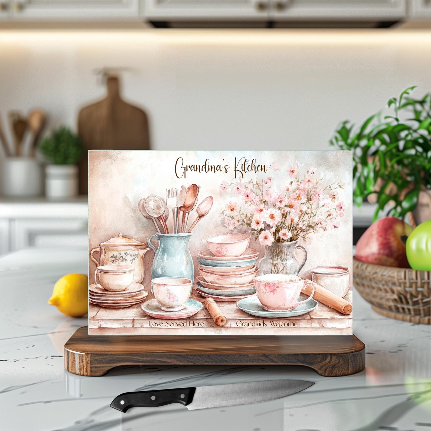 Grandma's Kitchen Glass Cutting Board, Stunning Tempered Glass Serving Tray for Charcuterie, Thoughtful Gift from Grandkids