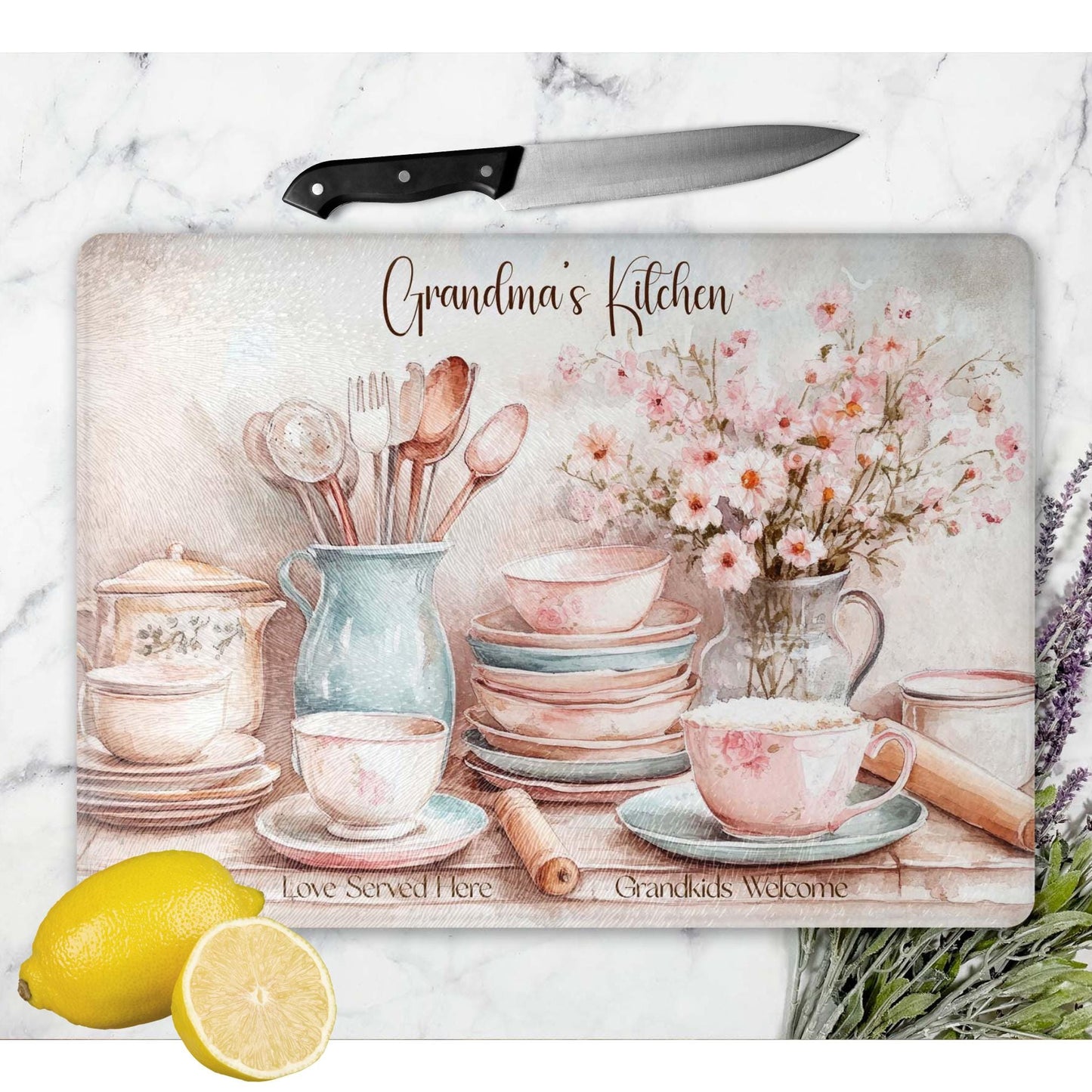 Grandma's Kitchen Glass Cutting Board, Stunning Tempered Glass Serving Tray for Charcuterie, Thoughtful Gift from Grandkids