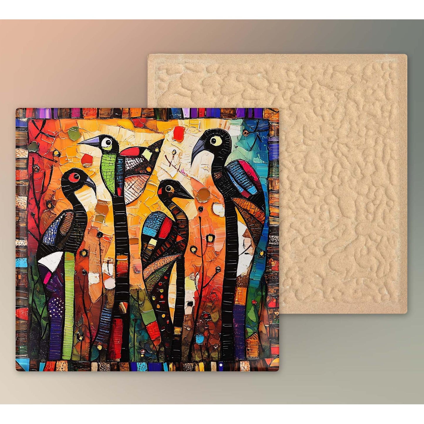 Whimsical Birds Ceramic Tile, Folk Art Wildlife Artwork Home Decor, Ethnic Aesthetic Spring Decor