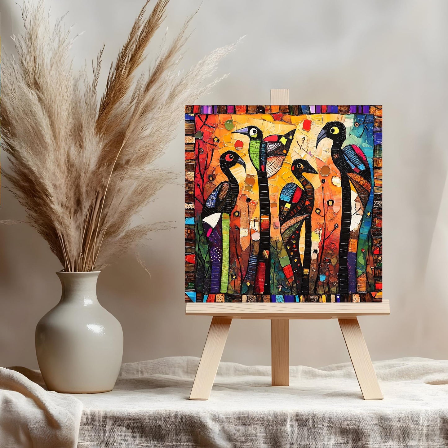 Whimsical Birds Ceramic Tile, Folk Art Wildlife Artwork Home Decor, Ethnic Aesthetic Spring Decor