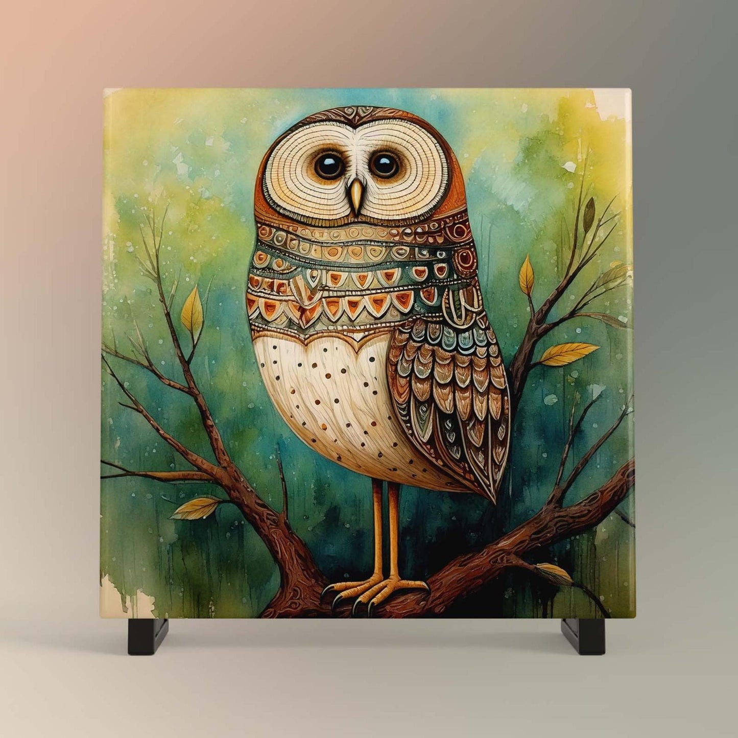 Whimsical Owl Folk Art Ceramic Tile - Unique Nature Lovers Decor - Minimalist Wall Hanging for Gift Giving - Artisan Home Wall Plaques