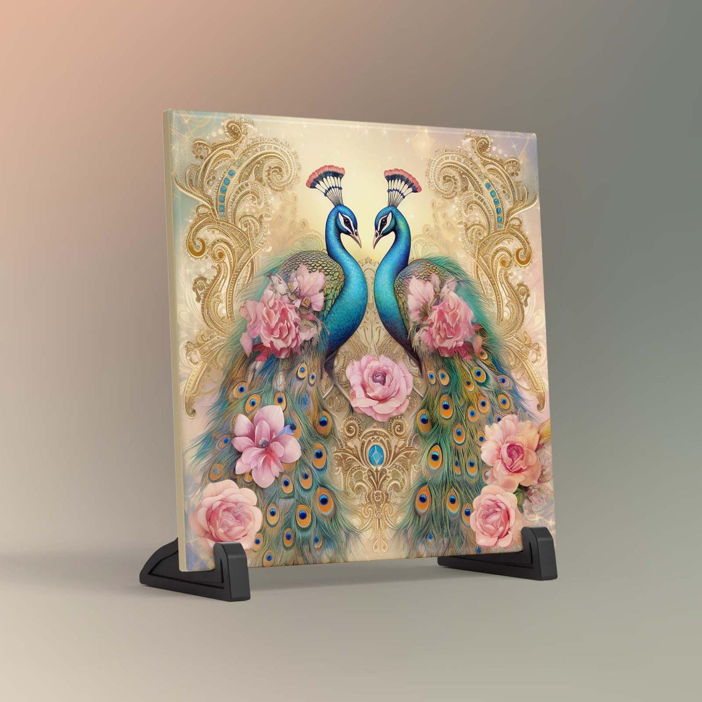 Art Nouveau Peacock Ceramic Tile | Stained Glass Look | Art Deco | Unique Wall Art | Ceramic Wall Decor | Colorful Bird Print | Romantic Art