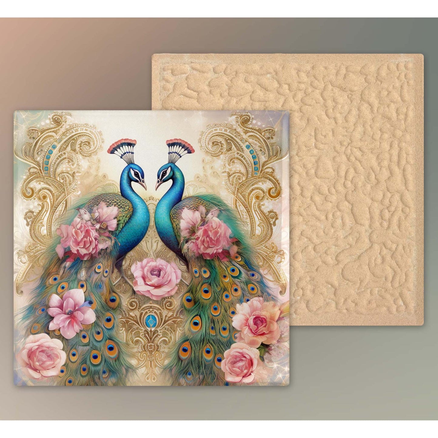 Art Nouveau Peacock Ceramic Tile | Stained Glass Look | Art Deco | Unique Wall Art | Ceramic Wall Decor | Colorful Bird Print | Romantic Art
