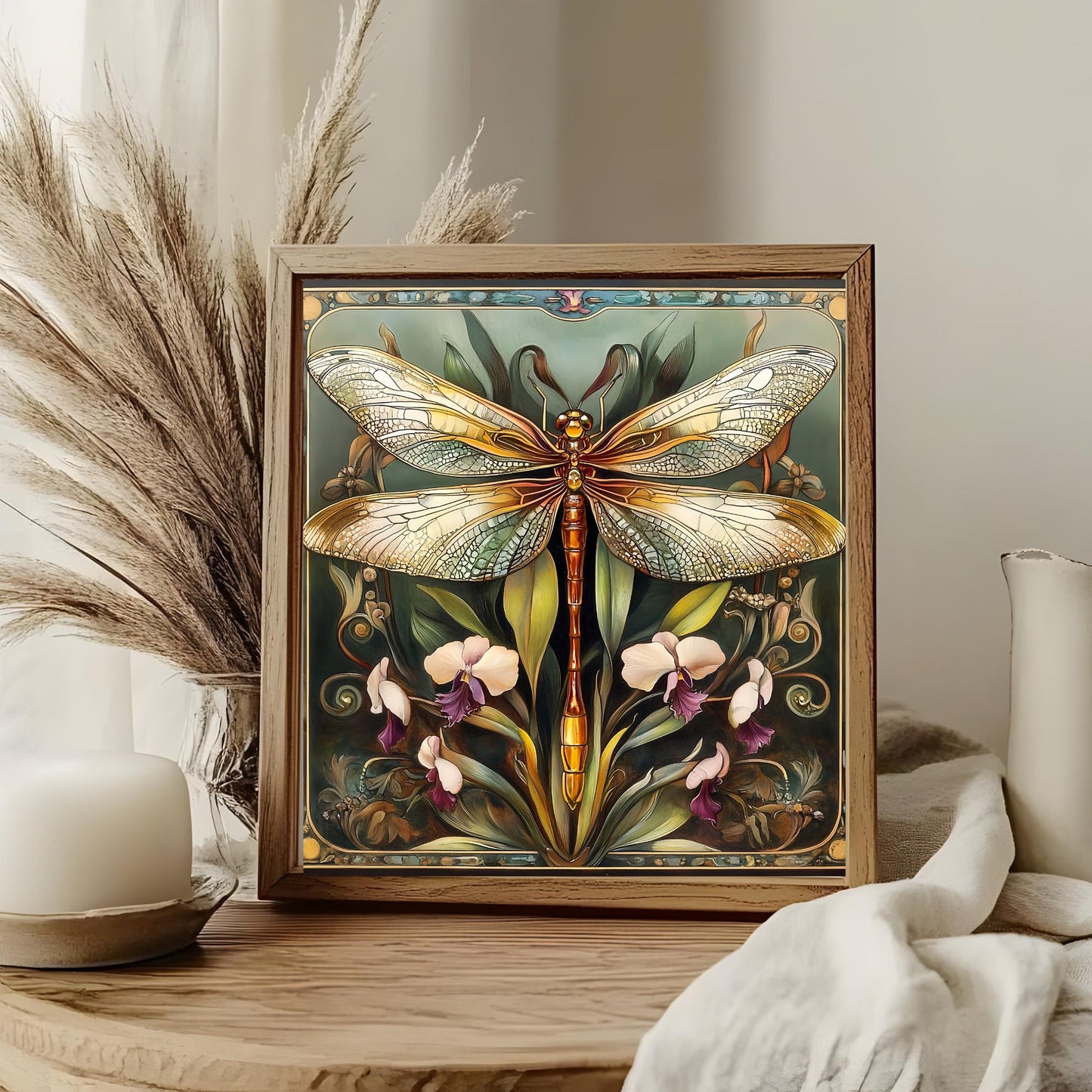 Dragonfly Art Tile - Art Nouveau Ceramic Tile for Decorative Wall Use, Unique Home Decor Gift for Nature Lovers
