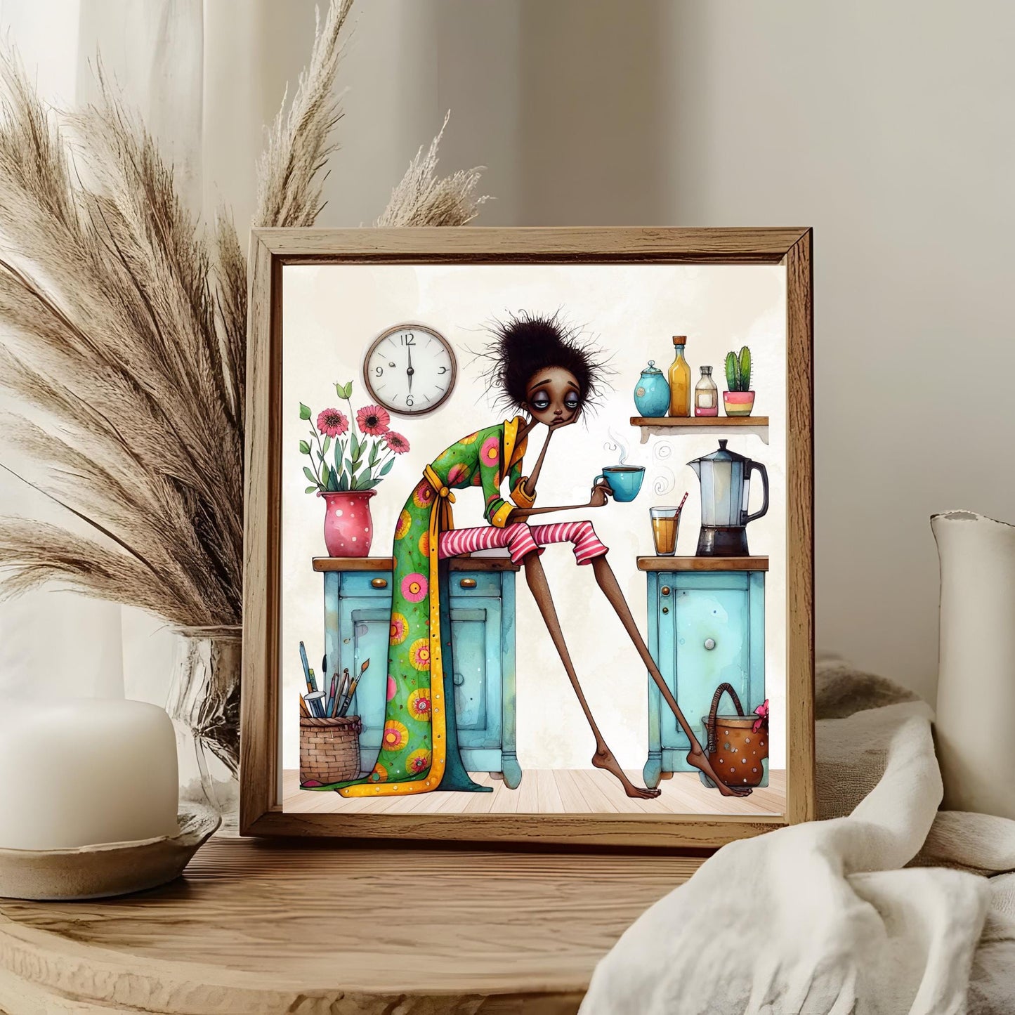 But First Coffee Black Woman Art Ceramic Tile, Trendy Wall Art Black Girl Art, Quirky African American Decor, Coffee Lovers Kitchen Decor