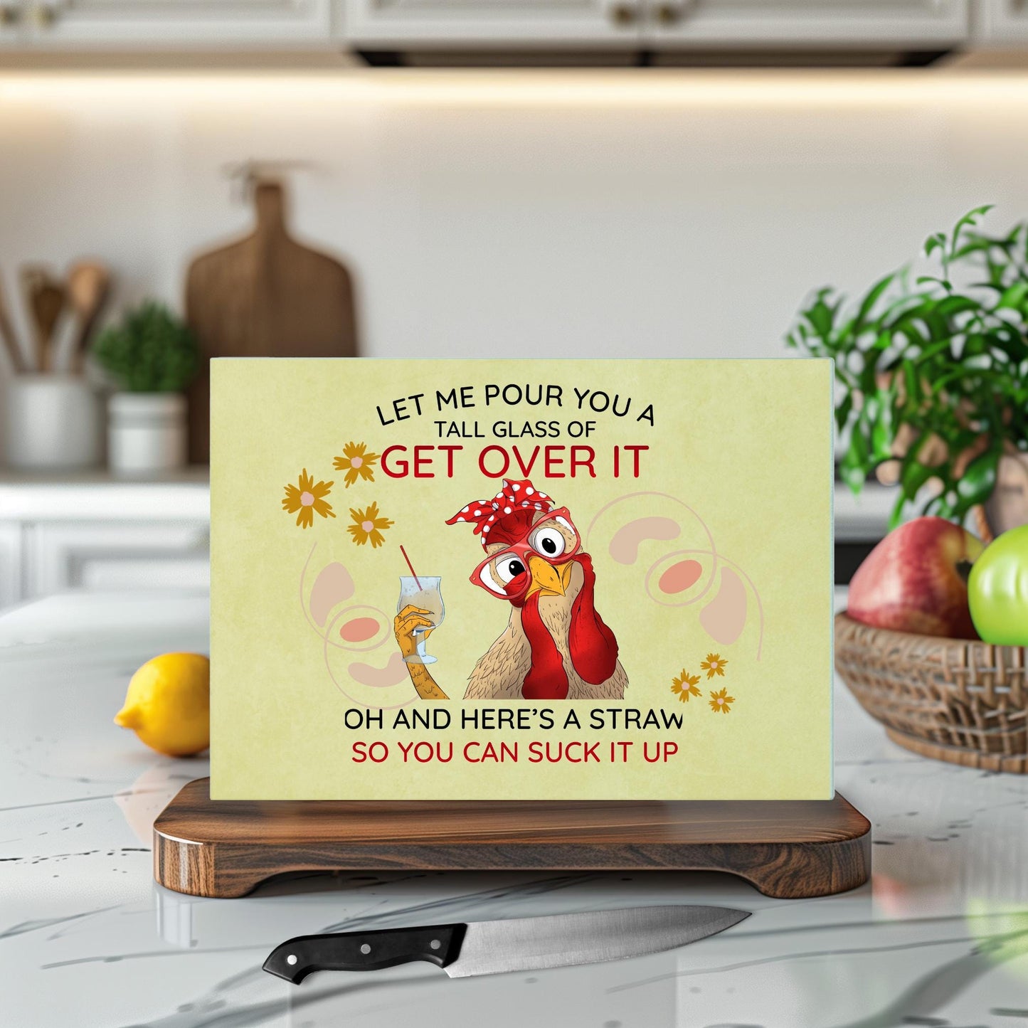 Glass Cutting Board - Quirky Sarcastic Chicken Tempered Glass Chopping Board for Cheese & Charcuterie, Functional Kitchen Art - Home Decor