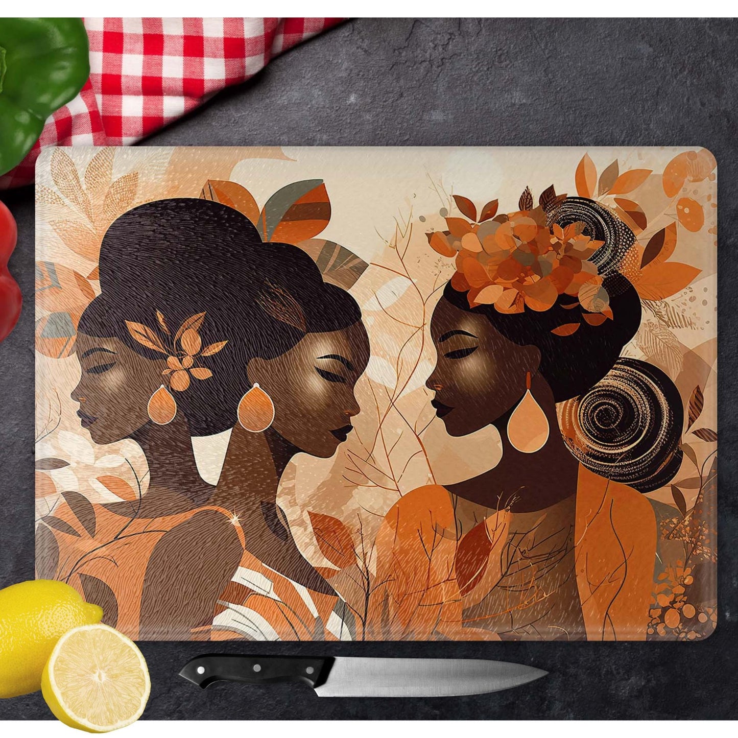 Black Women Glass Cutting Board, Charcuterie Board, Serving Tray, Hostess Housewarming, African Decor, Functional Kitchen Art, Afrocentric