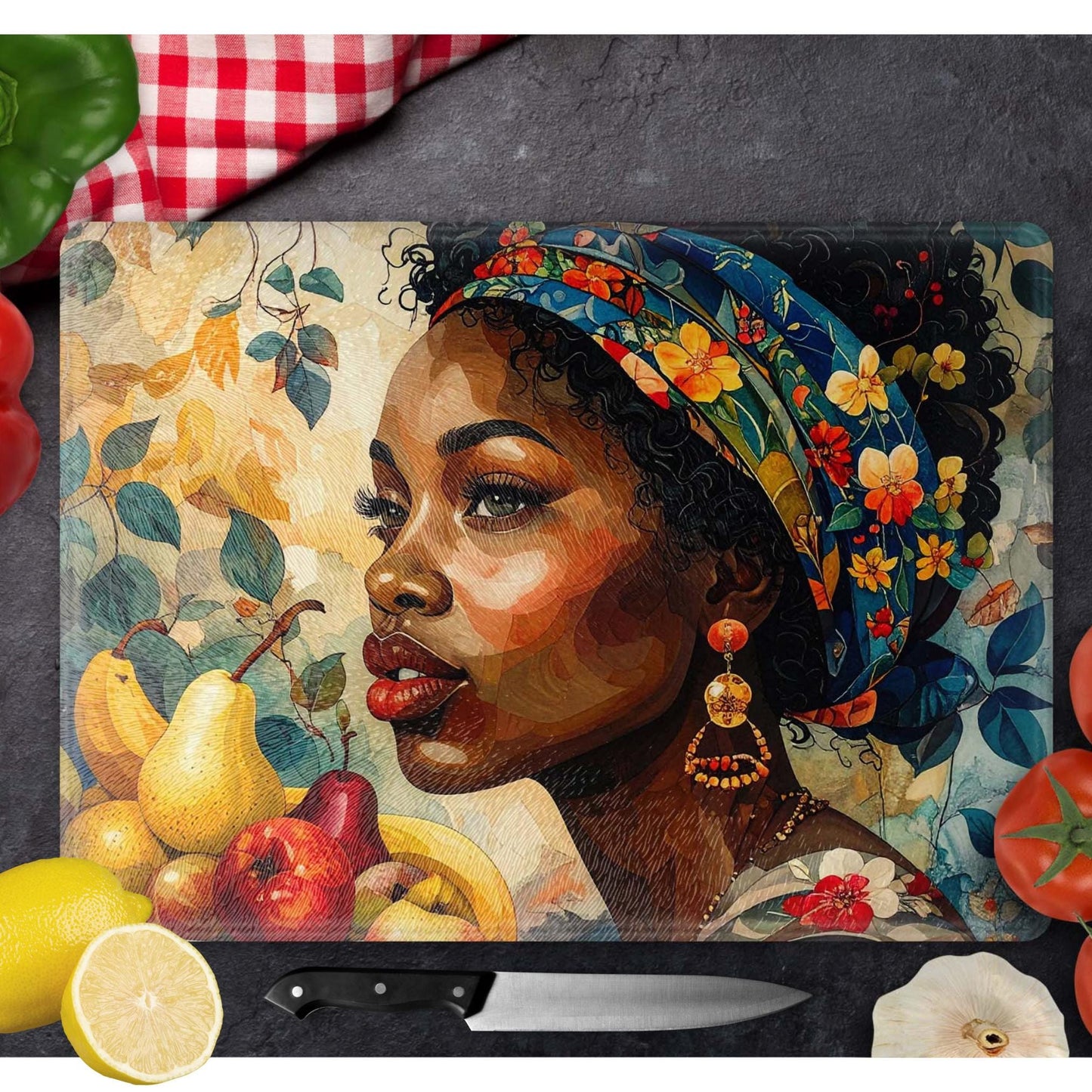 Glass Cutting Board, Black Woman Art, Charcuterie Board, Serving Tray, Hostess Housewarming, African Decor, Functional Kitchen Art