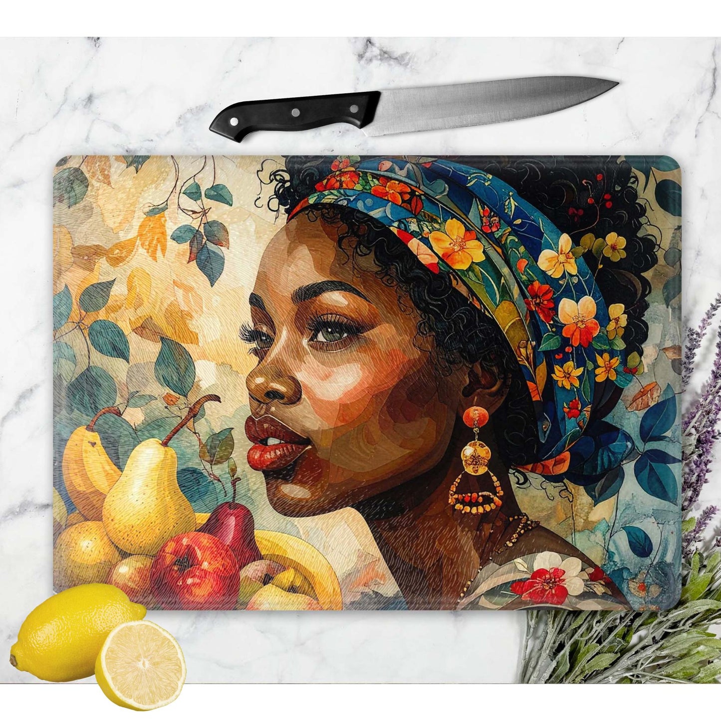 Glass Cutting Board, Black Woman Art, Charcuterie Board, Serving Tray, Hostess Housewarming, African Decor, Functional Kitchen Art