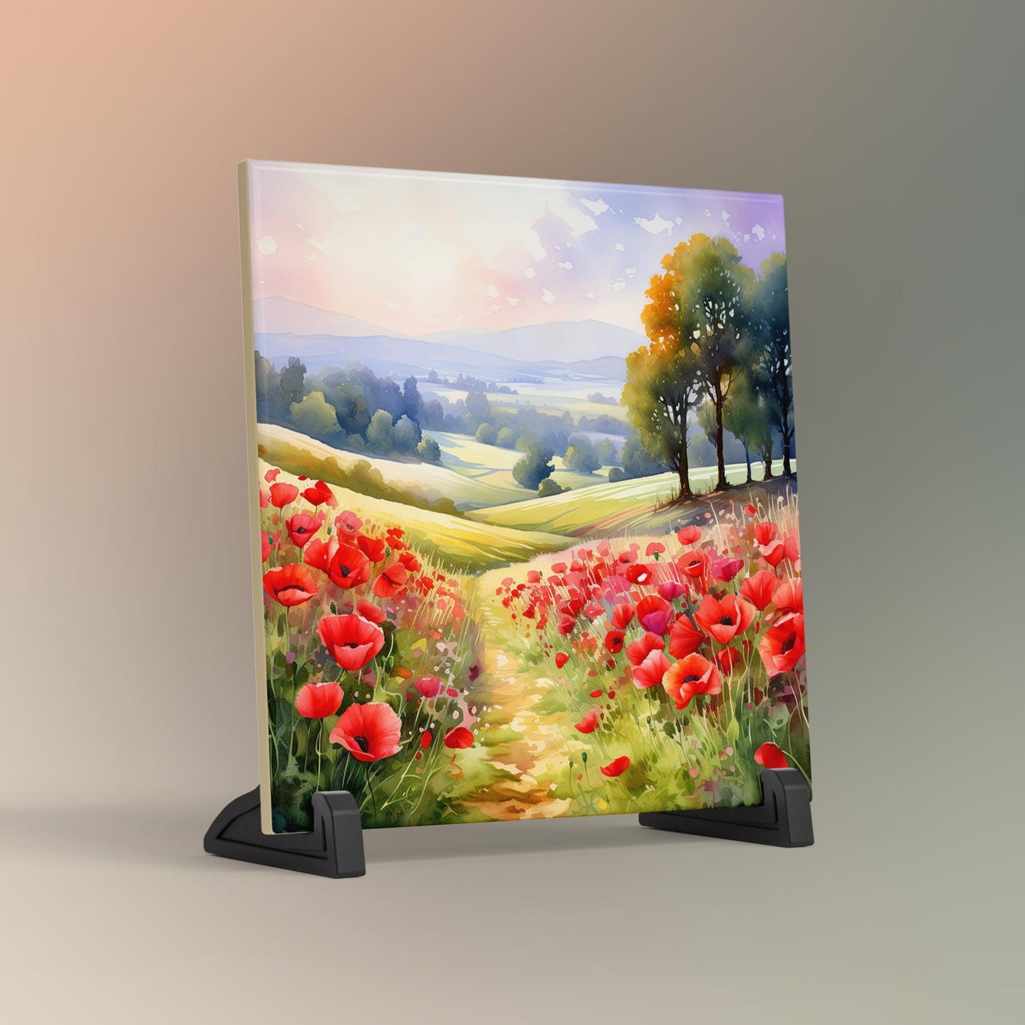 Field of Red Poppies Ceramic Art Tile | Wildflowers Wall Decor | Spring Home Decor | Floral Art | Whimsical Flowers | Gift for Mom