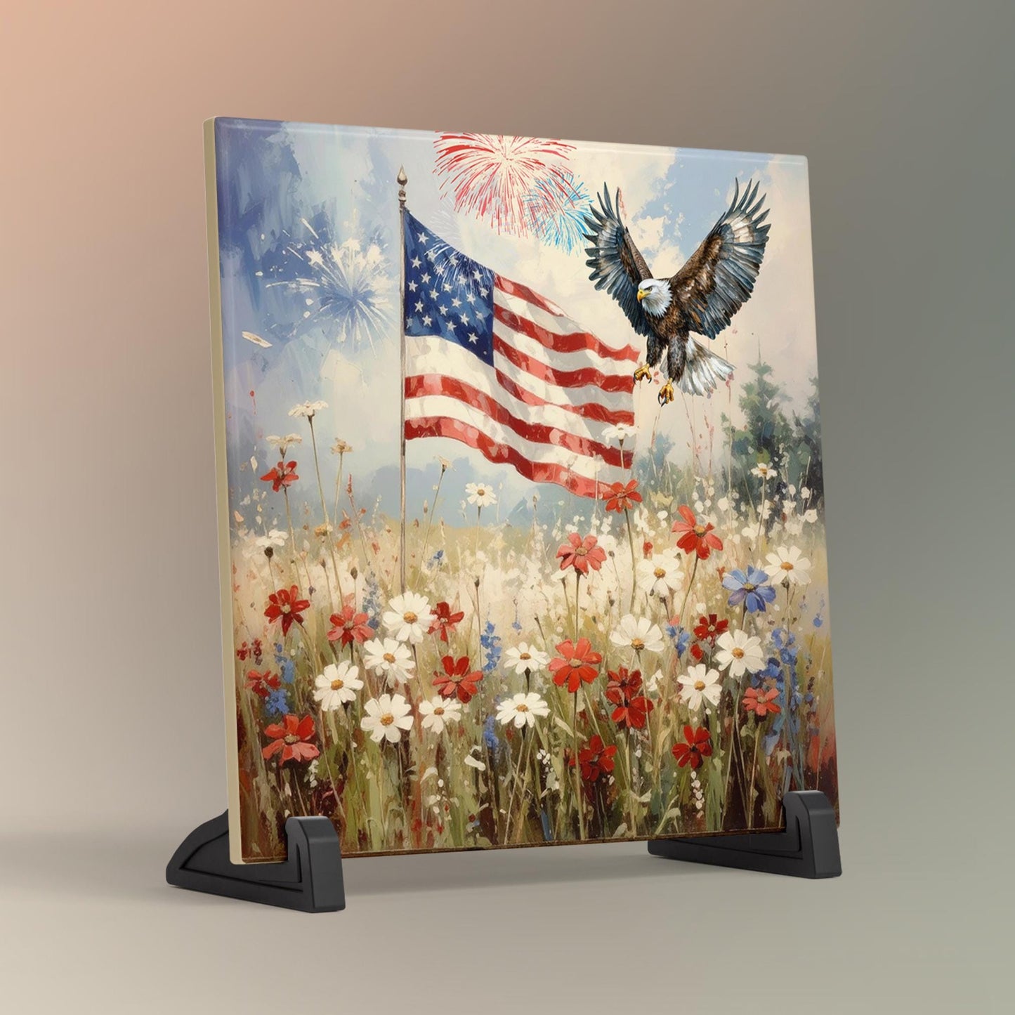 Patriotic American Flag Ceramic Tile Art, Wild Flower Eagle Design for 4th of July Home Decor and Great Gifts
