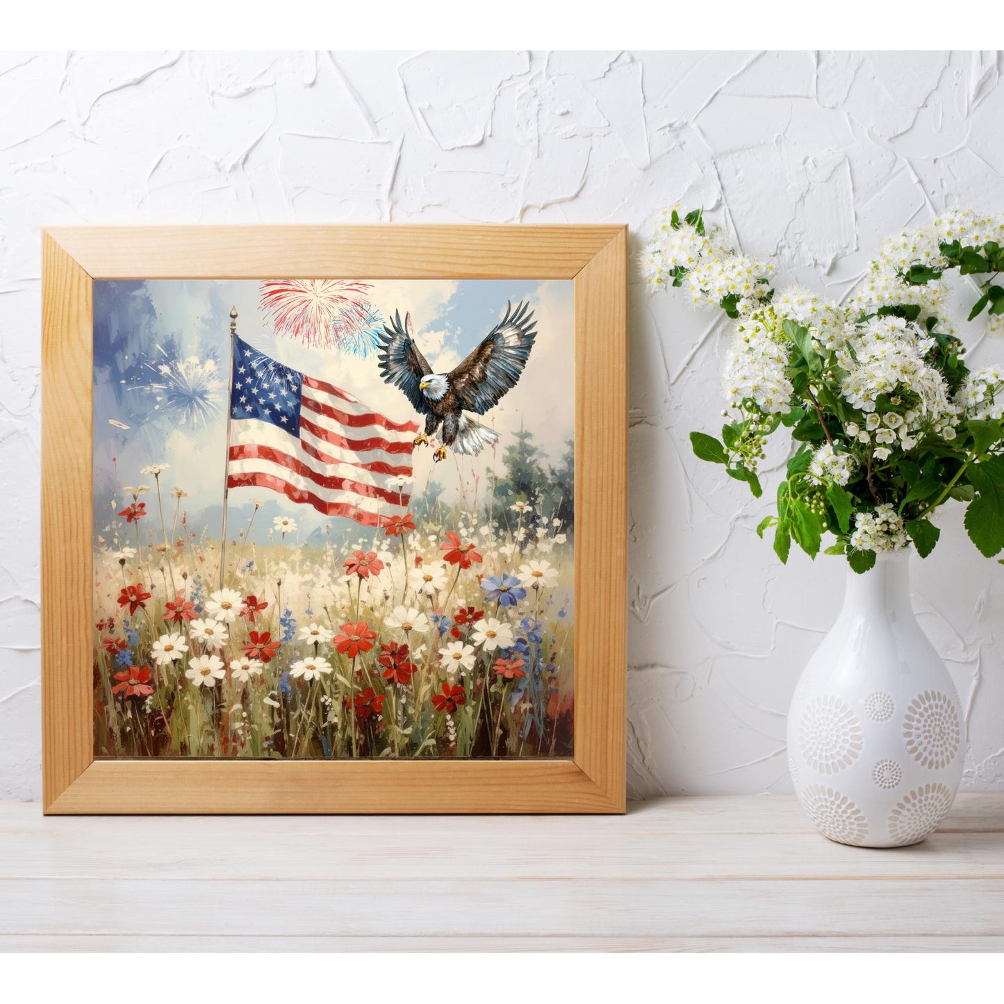 Patriotic American Flag Ceramic Tile Art, Wild Flower Eagle Design for 4th of July Home Decor and Great Gifts