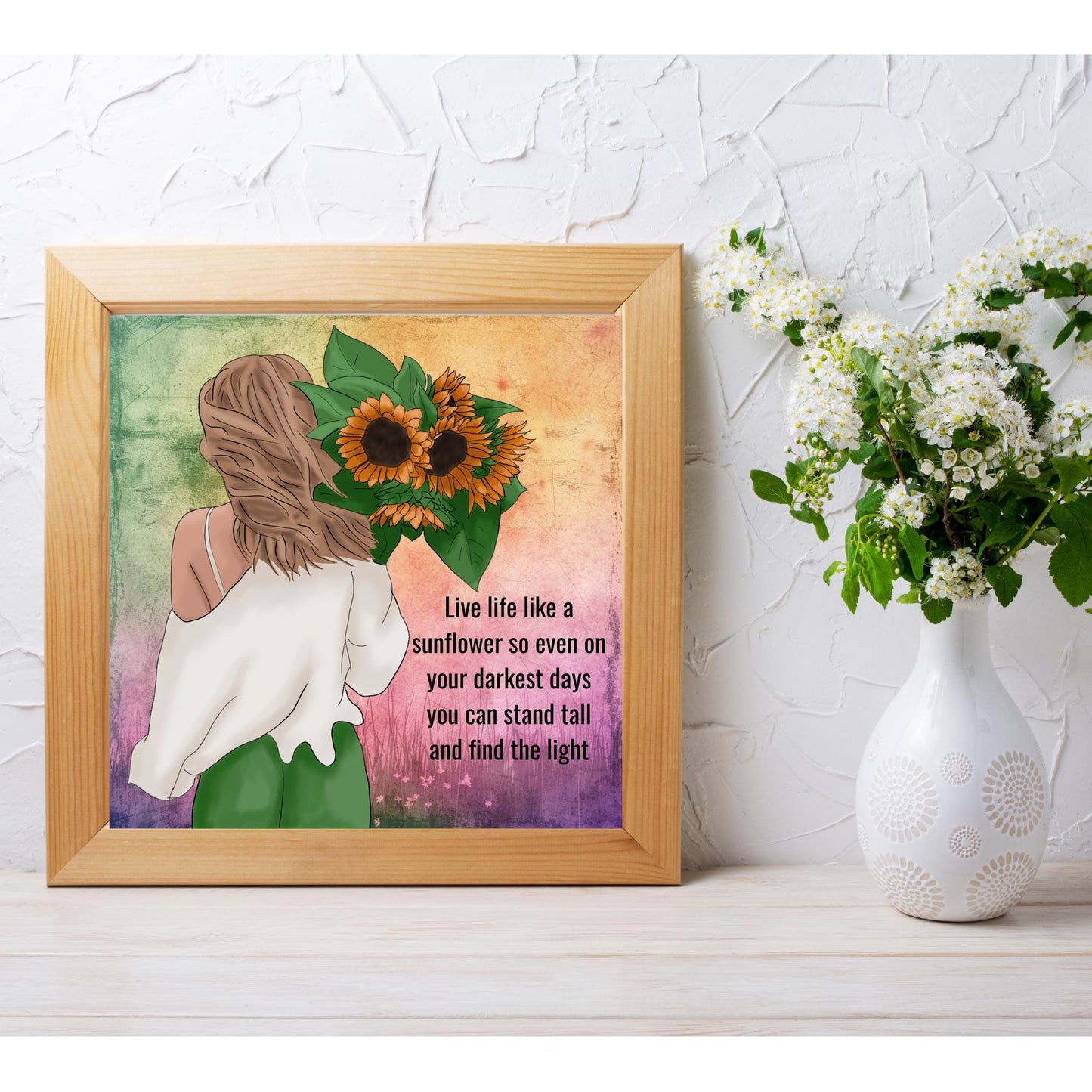 Boho Woman Art Sunflower Ceramic Tile - Quote Art - Boho Wall Art - Floral Print - Positive Vibes Woman - Live Like a Sunflower