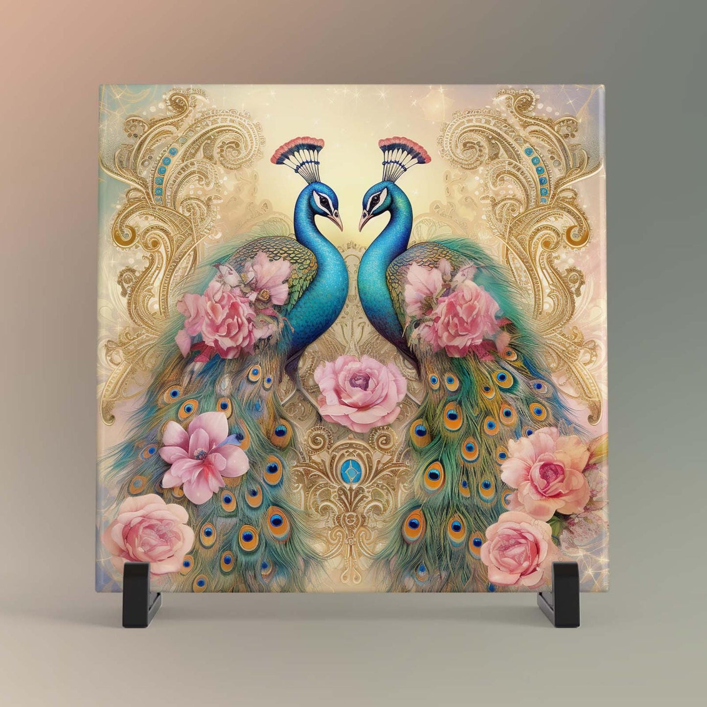 Art Nouveau Peacock Ceramic Tile | Stained Glass Look | Art Deco | Unique Wall Art | Ceramic Wall Decor | Colorful Bird Print | Romantic Art
