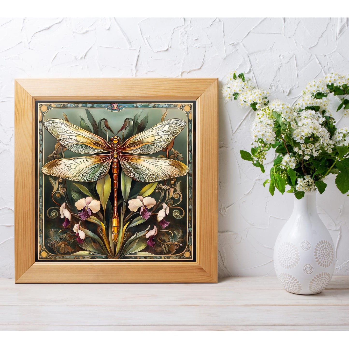 Dragonfly Art Tile - Art Nouveau Ceramic Tile for Decorative Wall Use, Unique Home Decor Gift for Nature Lovers