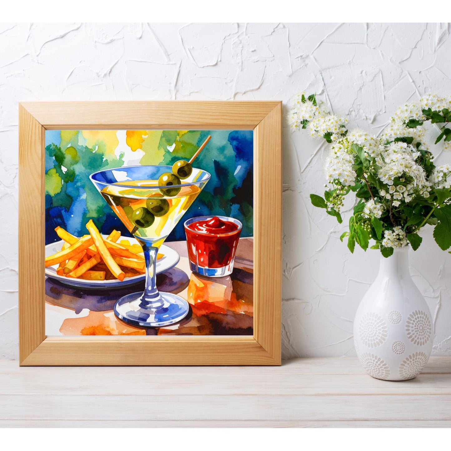 Martini and French Fries Ceramic Art Tile | Watercolor Art Print | Whimsical Quirky Art | Cocktail Art Bar Cart Decor | Trendy Kitchen Wall