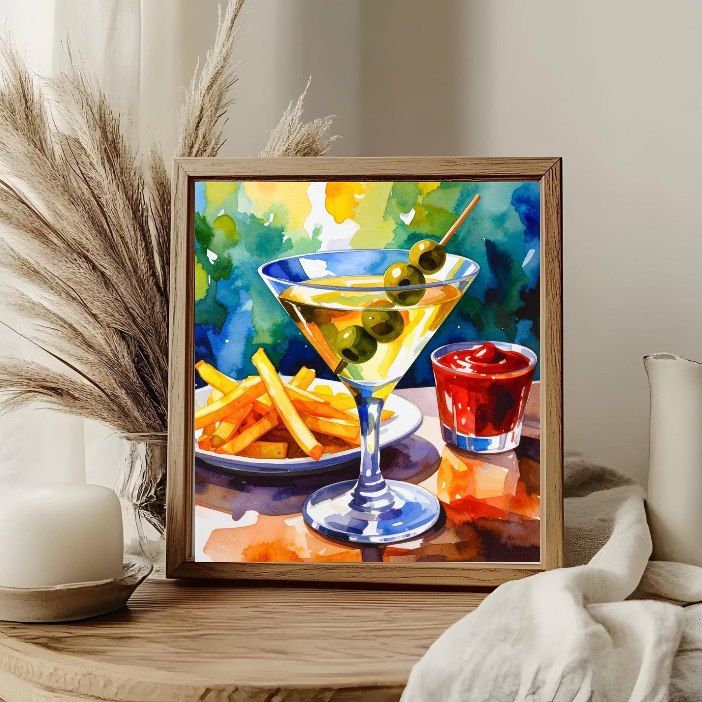 Martini and French Fries Ceramic Art Tile | Watercolor Art Print | Whimsical Quirky Art | Cocktail Art Bar Cart Decor | Trendy Kitchen Wall
