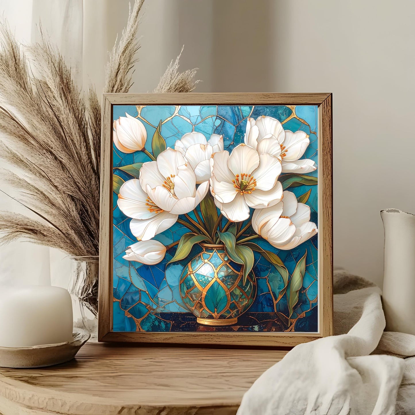 Magnolia Flowers Ceramic Tile Art - Art Deco Styled Stained Glass Look Elegant Flower Wall Decor - White Floral Home Decor