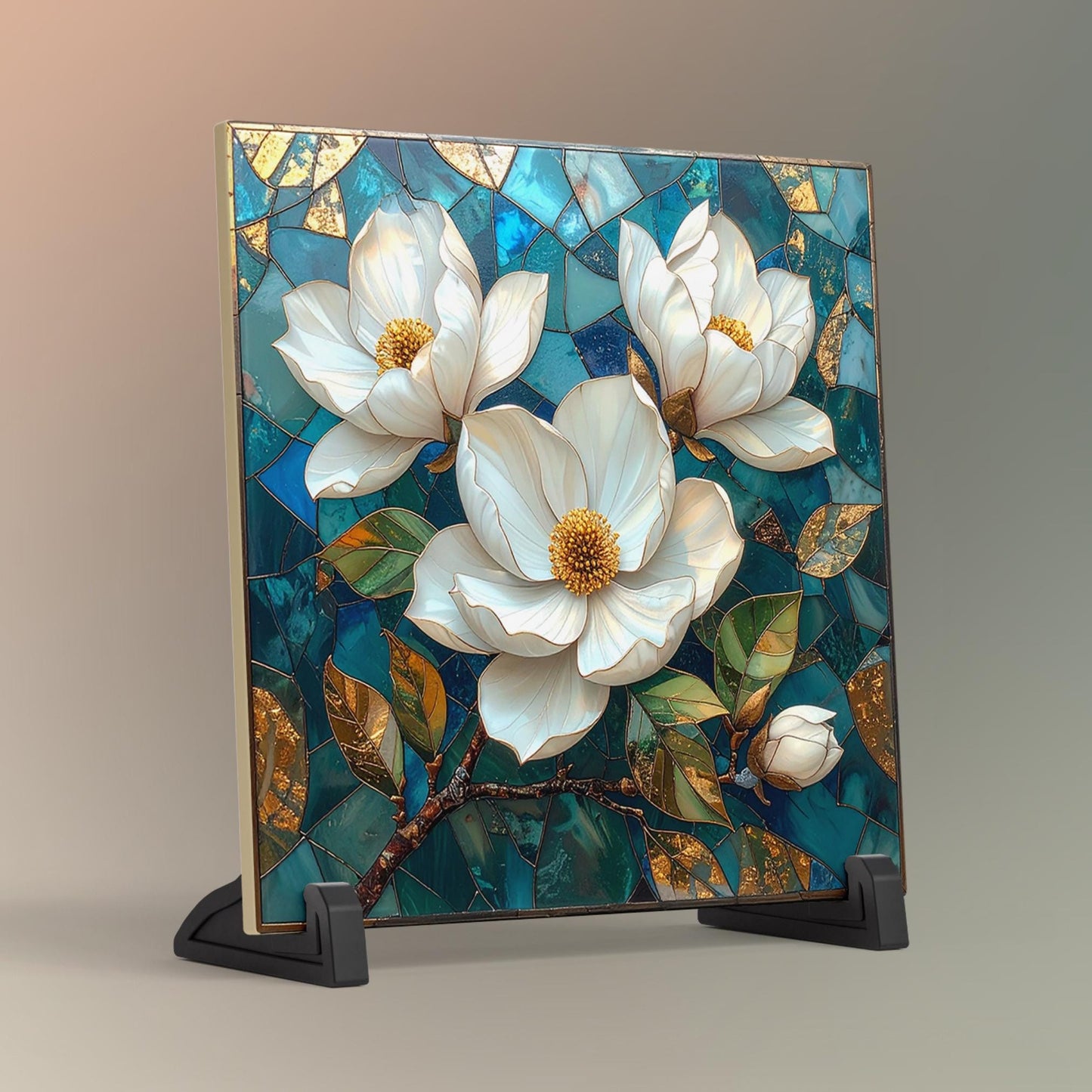 Magnolia Flowers Ceramic Tile Art - Art Deco Styled Stained Glass Look Elegant Flower Wall Decor - White Floral Home Decor - v2