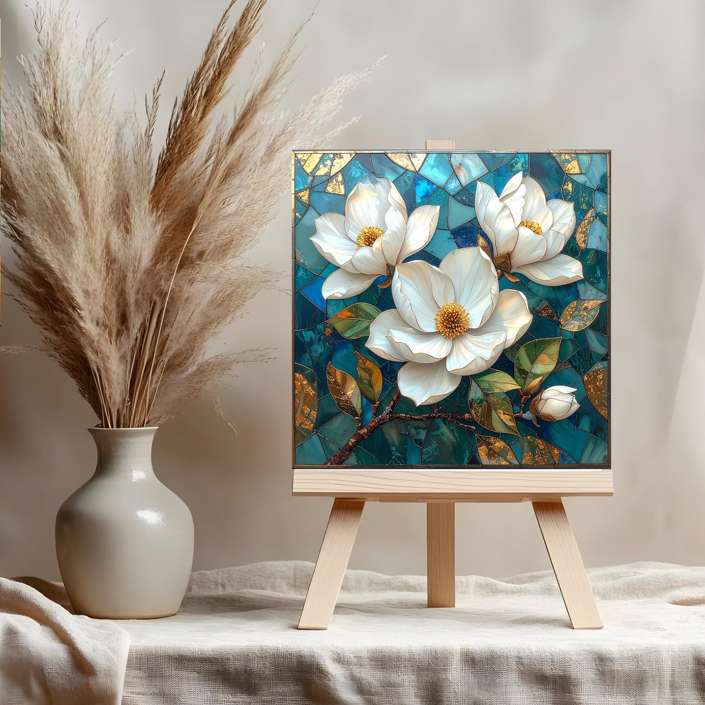 Magnolia Flowers Ceramic Tile Art - Art Deco Styled Stained Glass Look Elegant Flower Wall Decor - White Floral Home Decor - v2