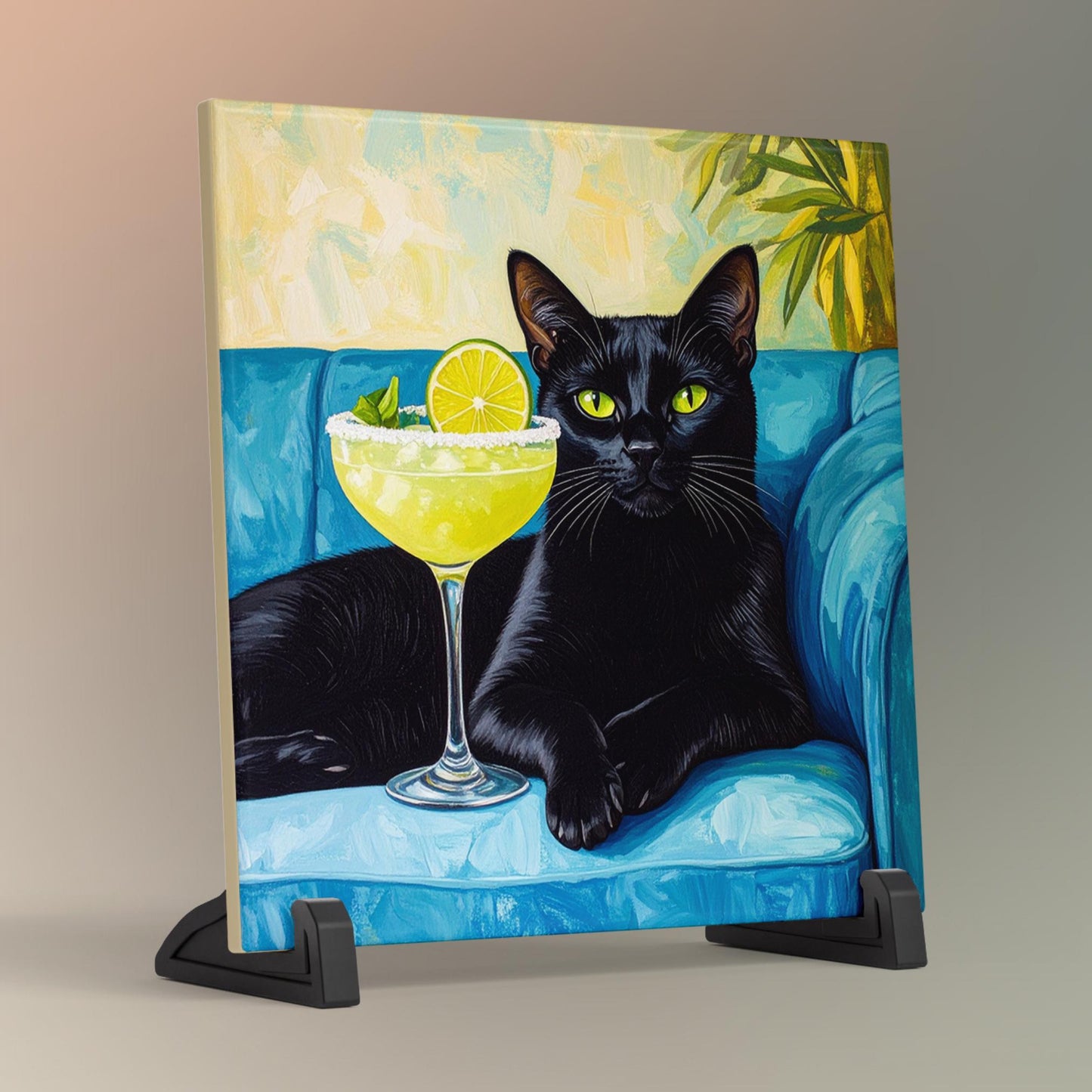 Cat Margarita Ceramic Tile Art | Bar Cart Decor | Cat Print, Retro Kitchen Decor | Trendy Wall Art | Dining Room Print
