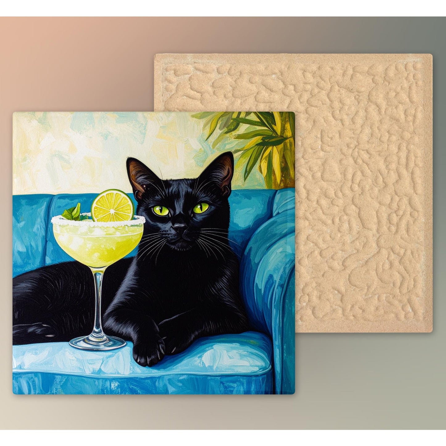Cat Margarita Ceramic Tile Art | Bar Cart Decor | Cat Print, Retro Kitchen Decor | Trendy Wall Art | Dining Room Print