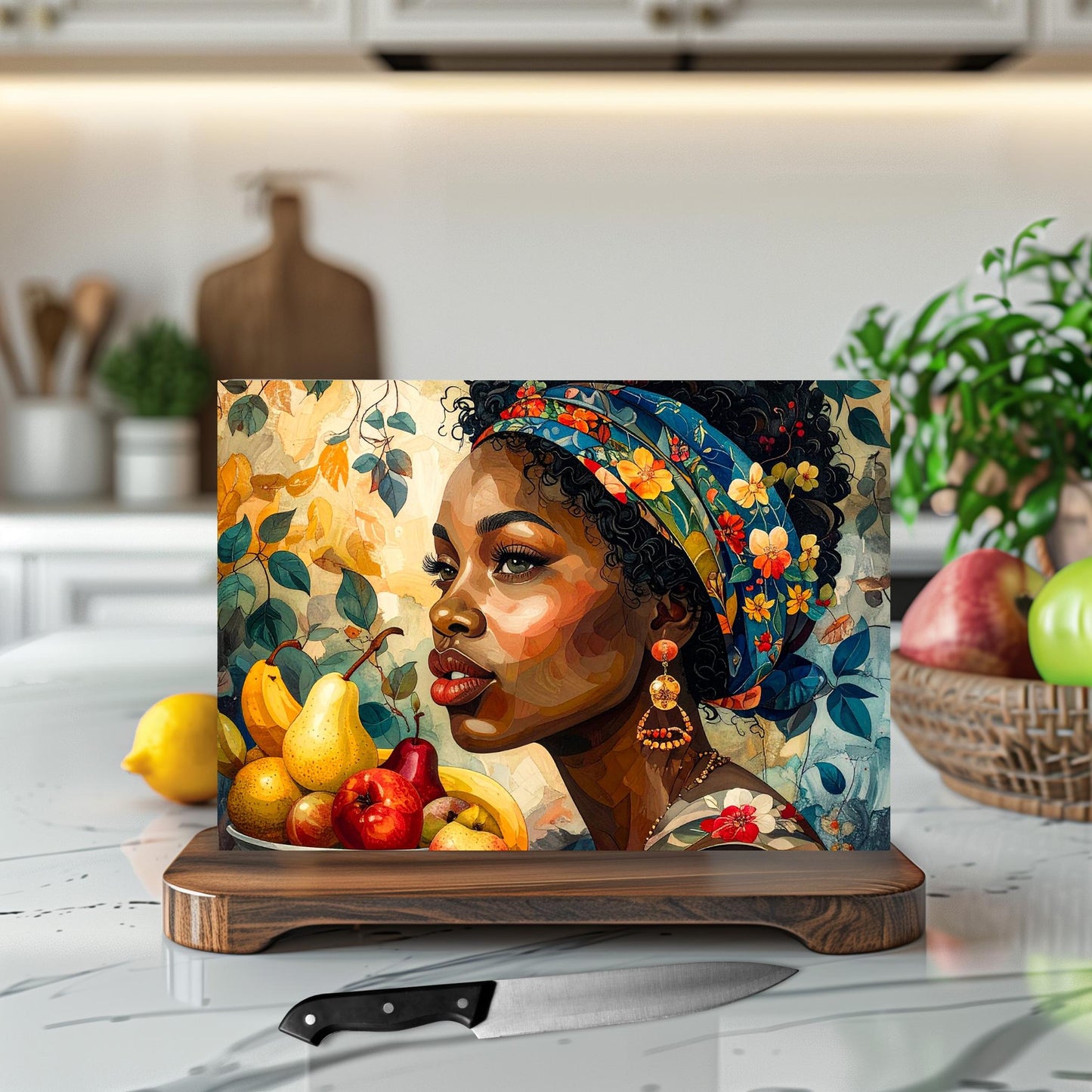 Glass Cutting Board, Black Woman Art, Charcuterie Board, Serving Tray, Hostess Housewarming, African Decor, Functional Kitchen Art