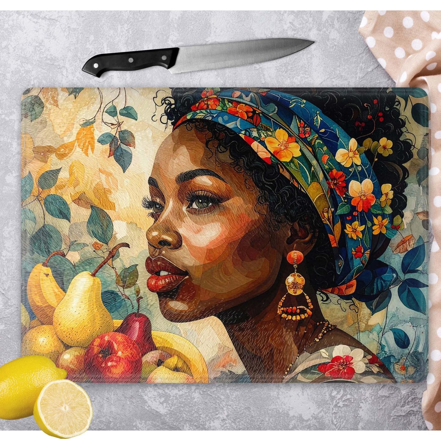 Glass Cutting Board, Black Woman Art, Charcuterie Board, Serving Tray, Hostess Housewarming, African Decor, Functional Kitchen Art