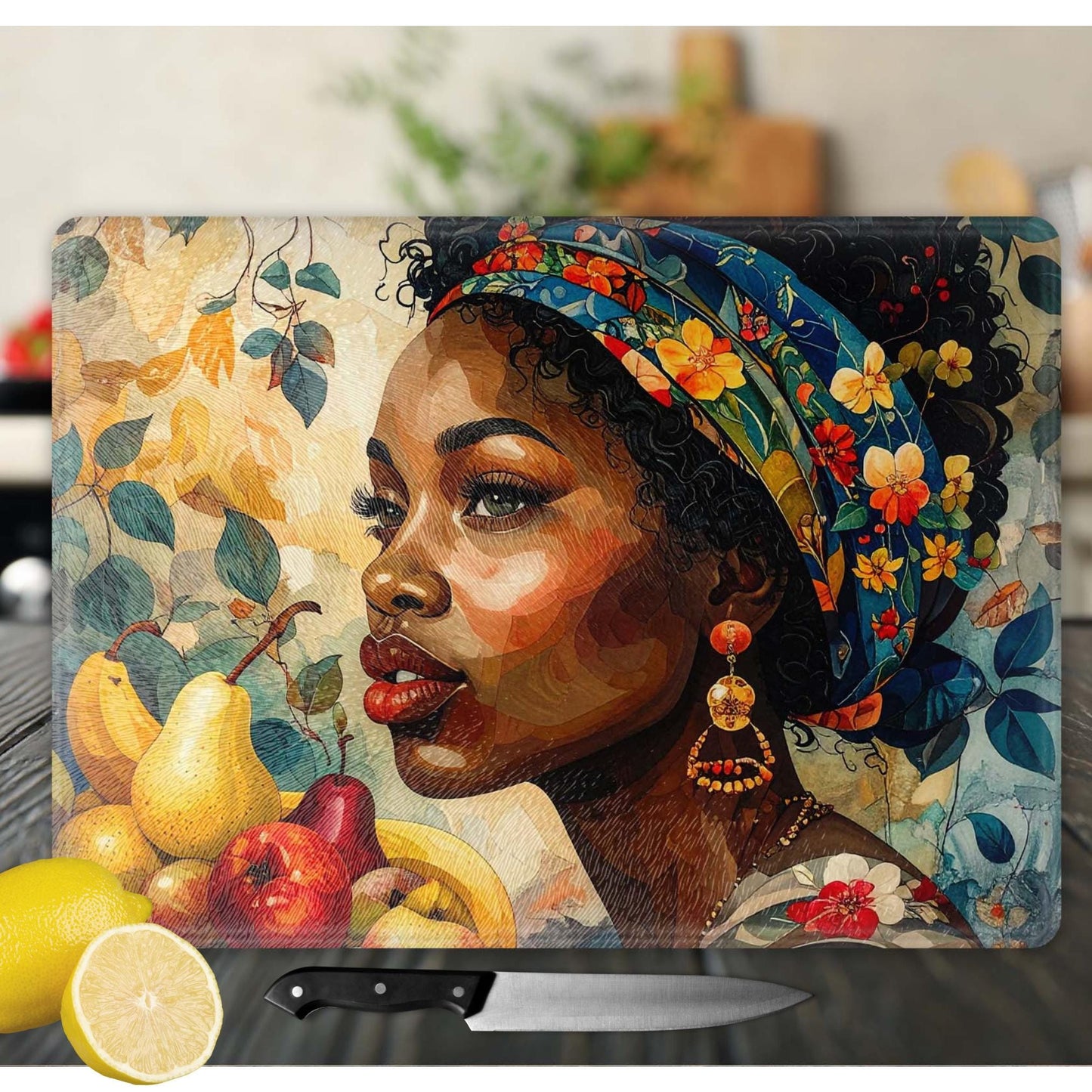 Glass Cutting Board, Black Woman Art, Charcuterie Board, Serving Tray, Hostess Housewarming, African Decor, Functional Kitchen Art