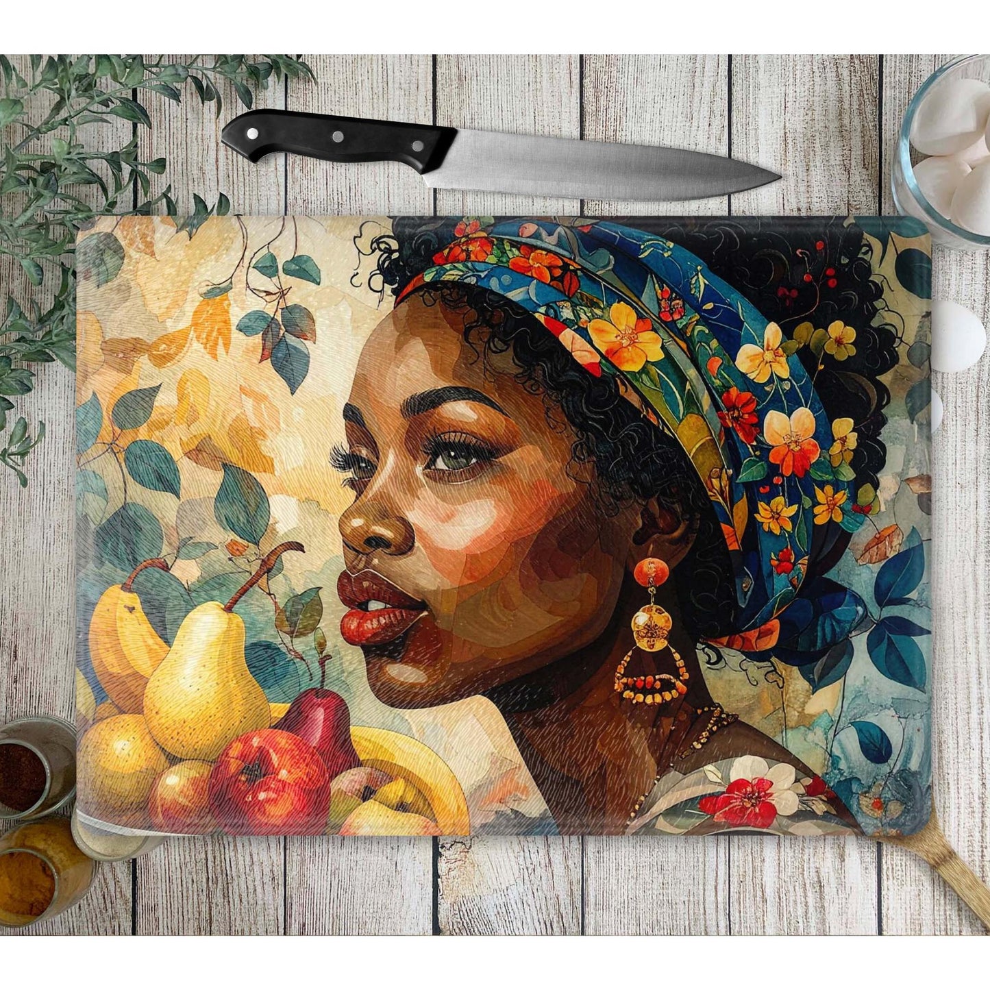 Glass Cutting Board, Black Woman Art, Charcuterie Board, Serving Tray, Hostess Housewarming, African Decor, Functional Kitchen Art