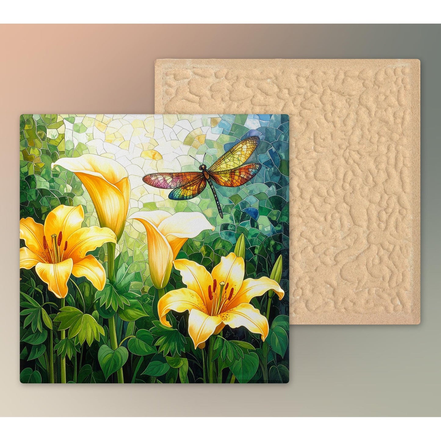 Cala Lillies and Dragonfly Ceramic Tile, Custom Wall Art for Spring Summer Decor, Whimsical Floral Art, Ideal Gift for Nature Lovers