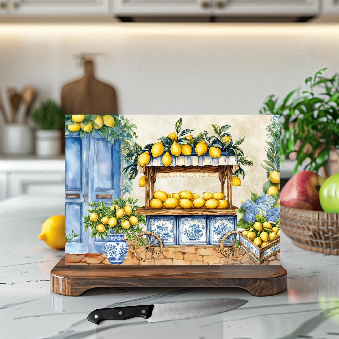 Whimsical Lemon Personalized Cutting Board - Mediterranean Tempered Glass Chopping Board for Cheese & Charcuterie, Functional Kitchen Art