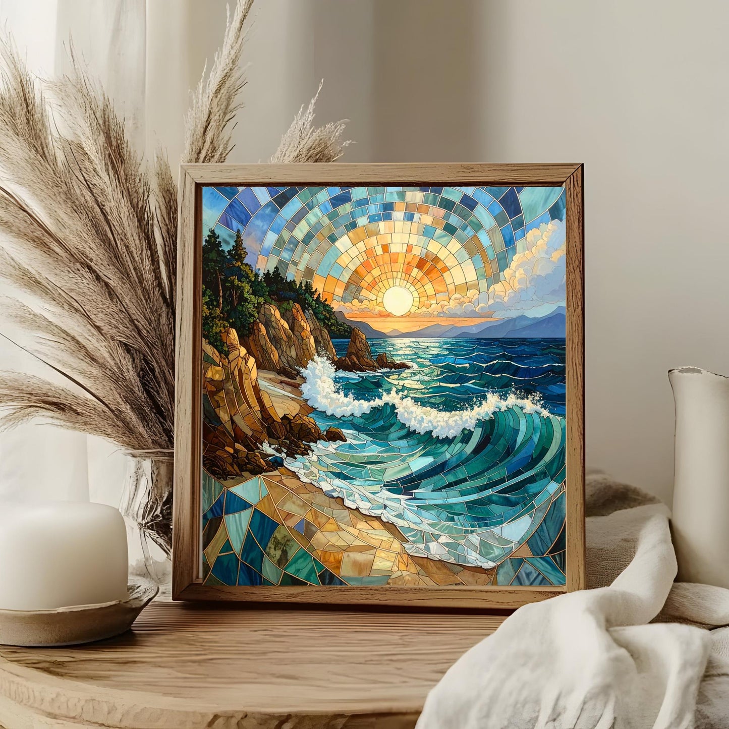 Coastal Waves Ceramic Wall Art Tile, Stained Glass Look Art, Beautiful Ocean View Tile for Artful Display and Home Decor for Small Spaces