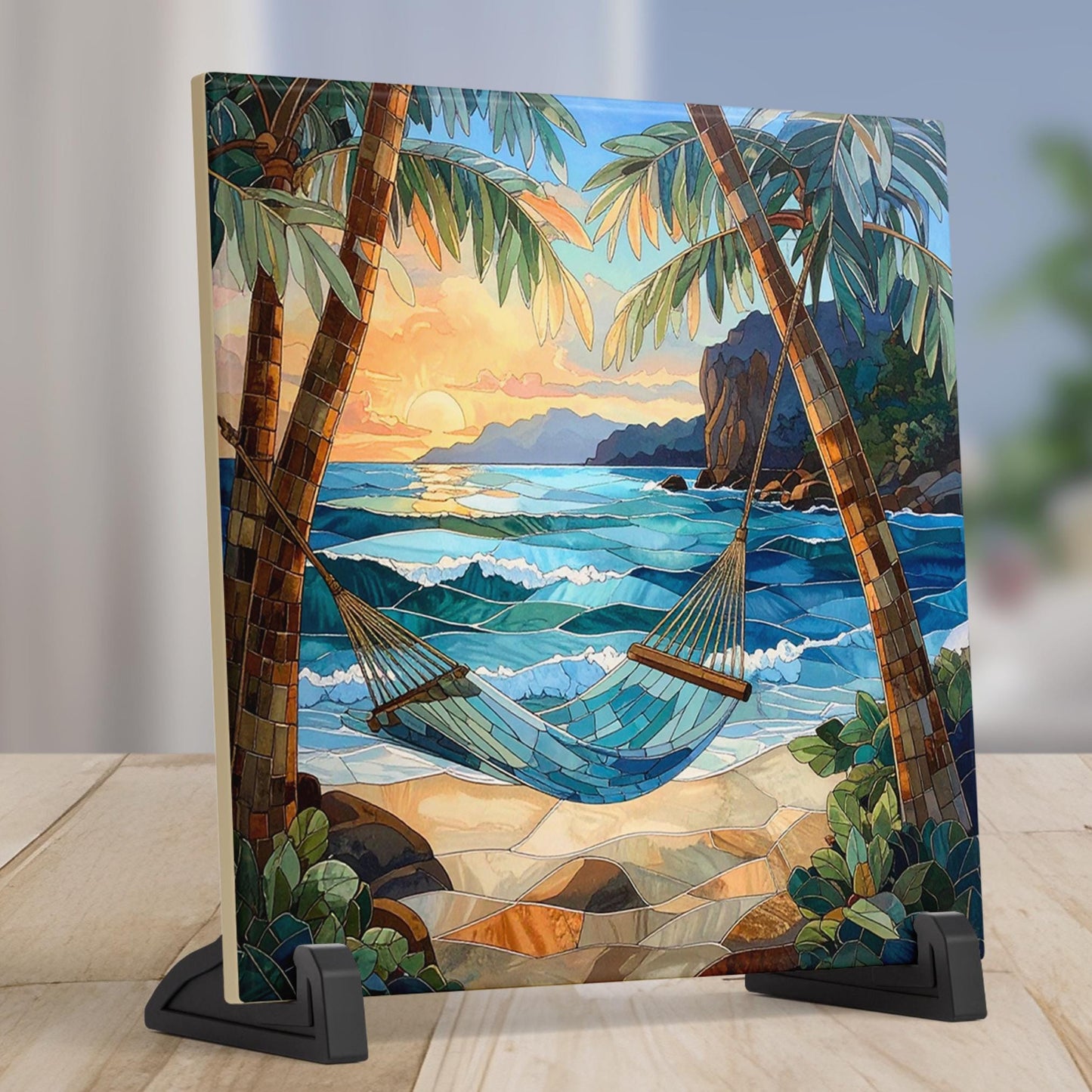 Coastal Waves Ceramic Wall Art Tile, Summer Breeze Stained Glass Look Art, Relaxing Ocean View Tile, Home Decor for Small Spaces