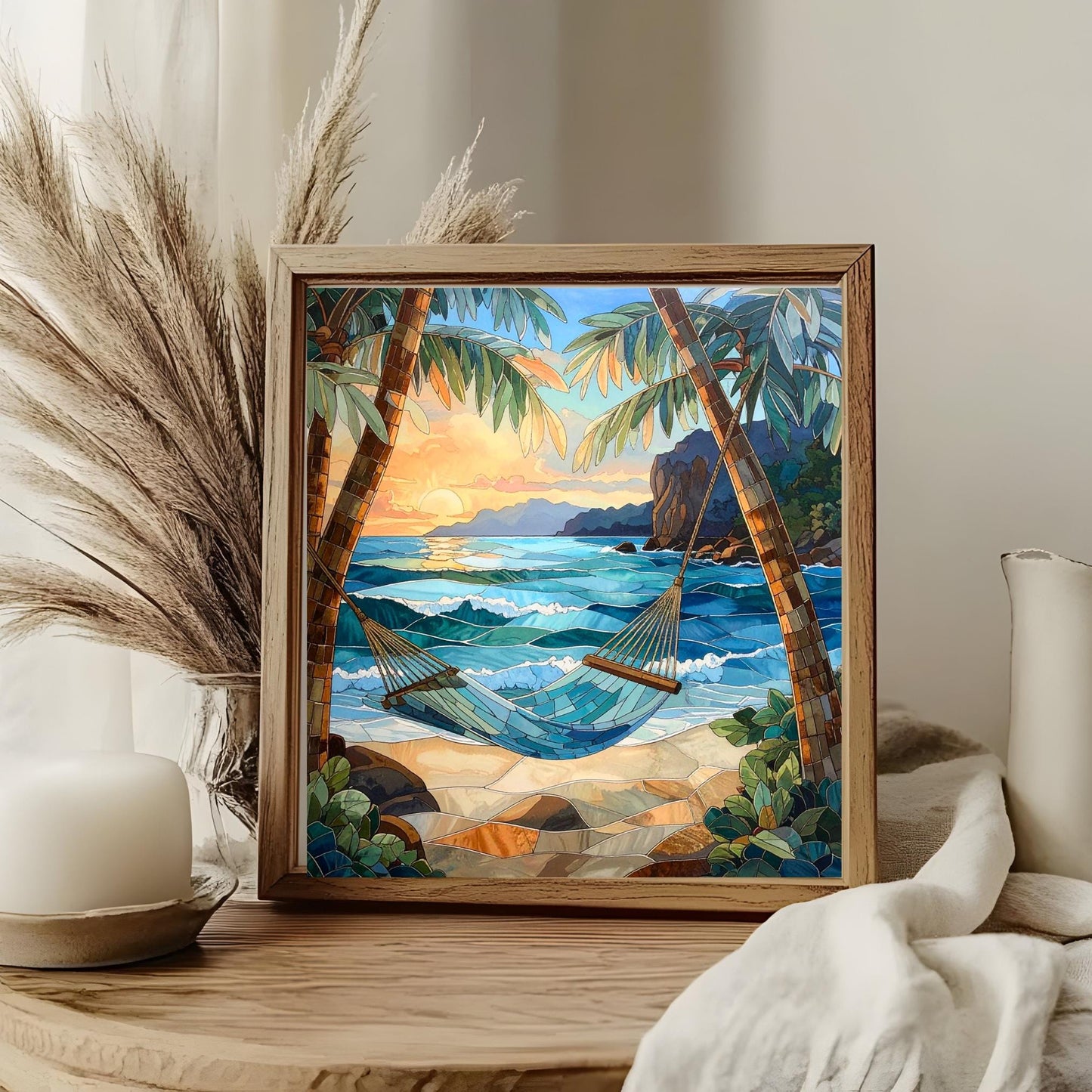 Coastal Waves Ceramic Wall Art Tile, Summer Breeze Stained Glass Look Art, Relaxing Ocean View Tile, Home Decor for Small Spaces
