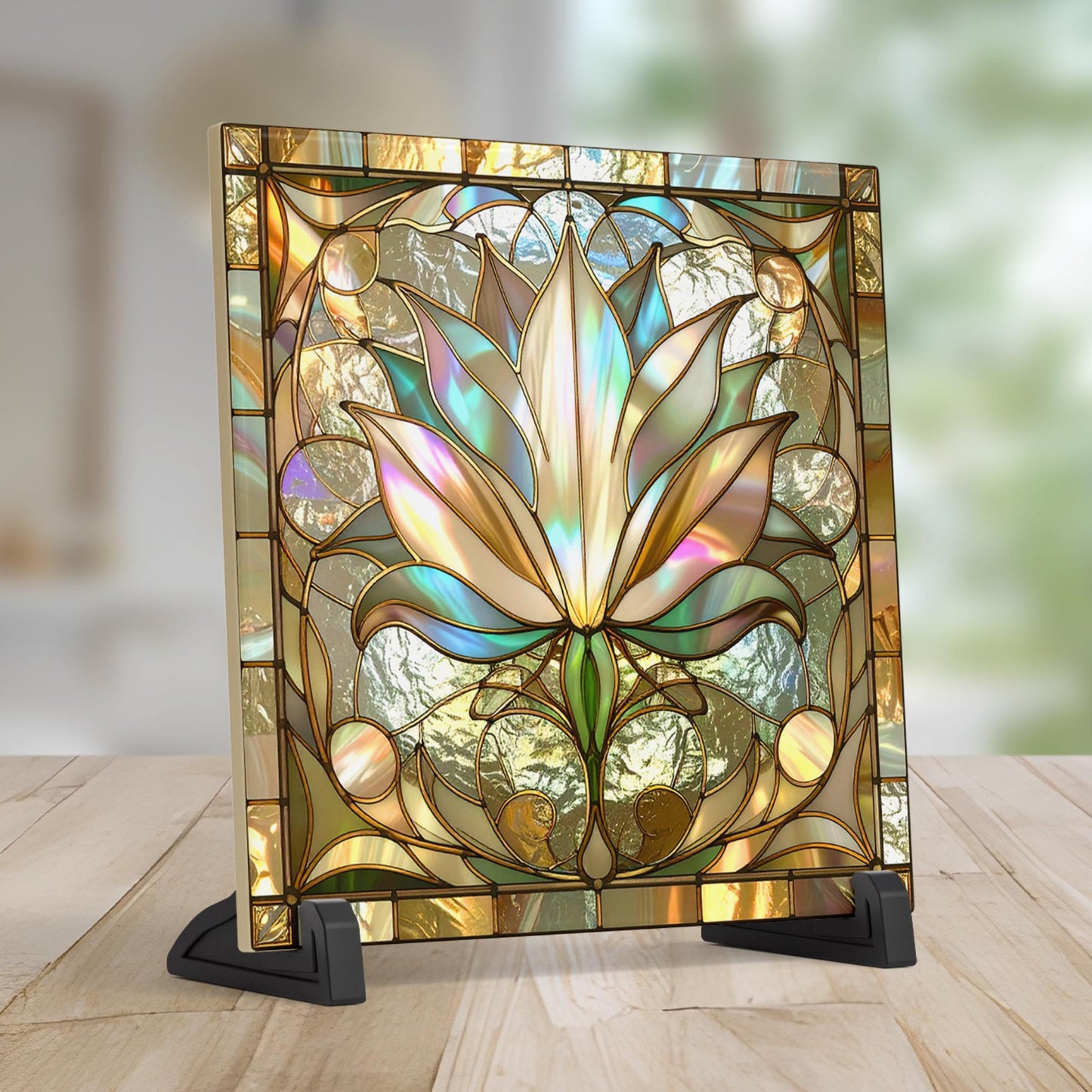 Lotus Flower Ceramic Tile Art - Stained Glass Look Elegant Flower Wall Decor for Yoga & Meditation, Spiritual Mindfulness Gift - Spa Gift