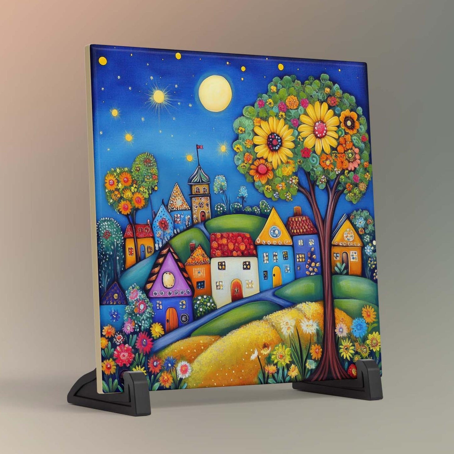 Whimsical Village Streetscape Ceramic Tile, Handmade Ceramic Wall Decor for Unique Home Accent, Perfect Nature Inspired Gift