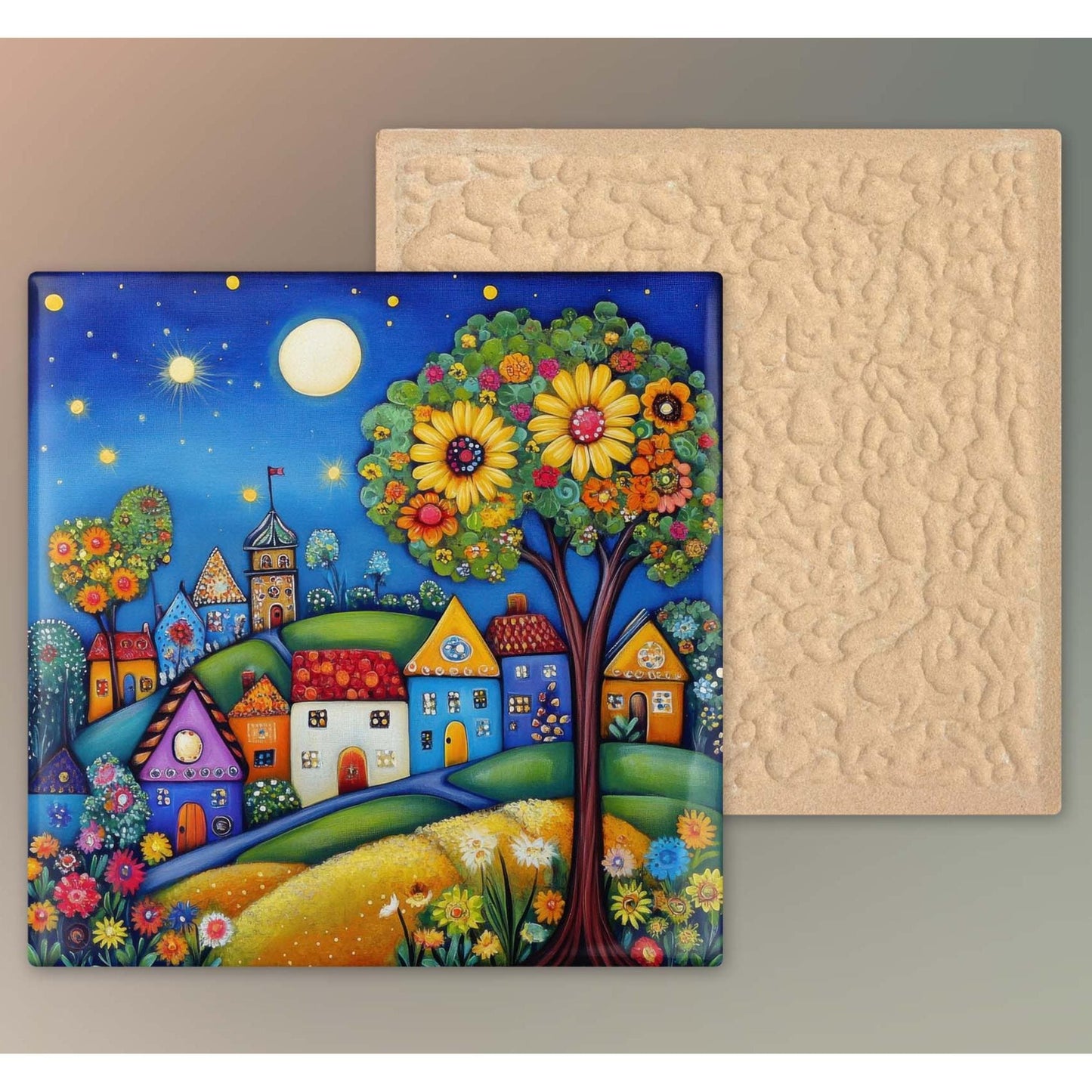 Whimsical Village Streetscape Ceramic Tile, Handmade Ceramic Wall Decor for Unique Home Accent, Perfect Nature Inspired Gift