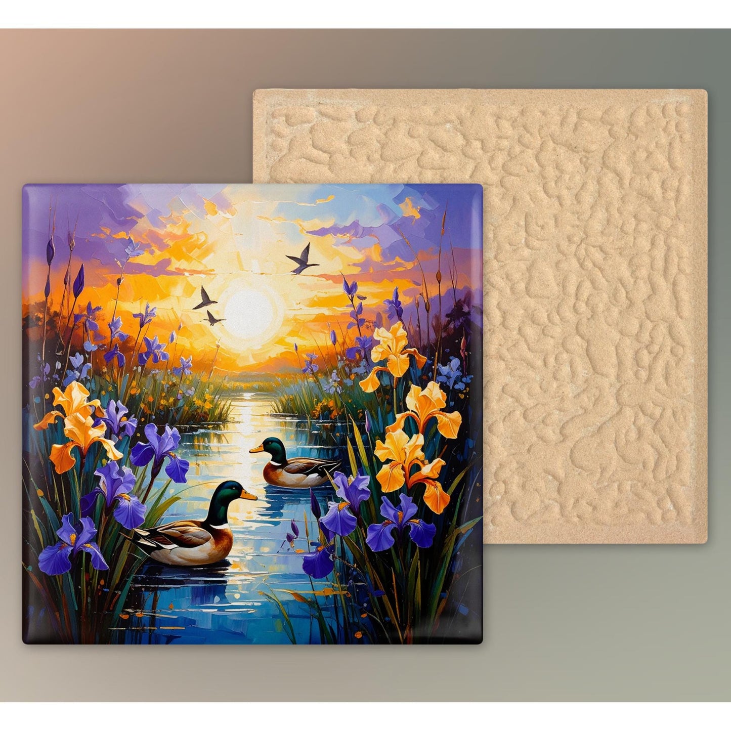 Blooming Irises Sunrise Art Tile II - Vibrant Marsh Decor Featuring Ducks in Flight - Ideal for Nature Lovers - Unique Outdoorsy Gift