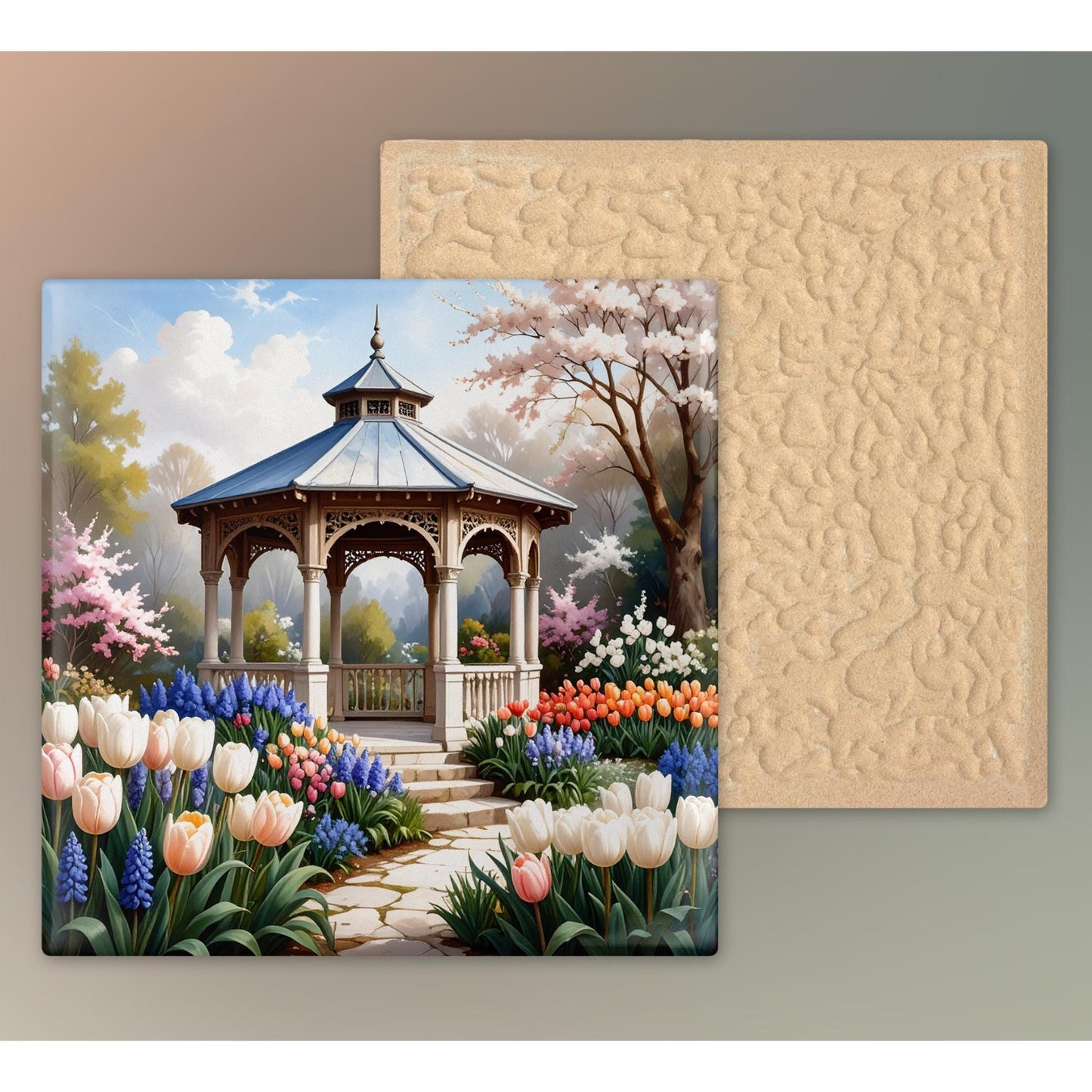 Garden Gazebo Ceramic Art Tile - Serene Floral Decor with Tulips and Hyacinths - Perfect for Nature Lovers Gift