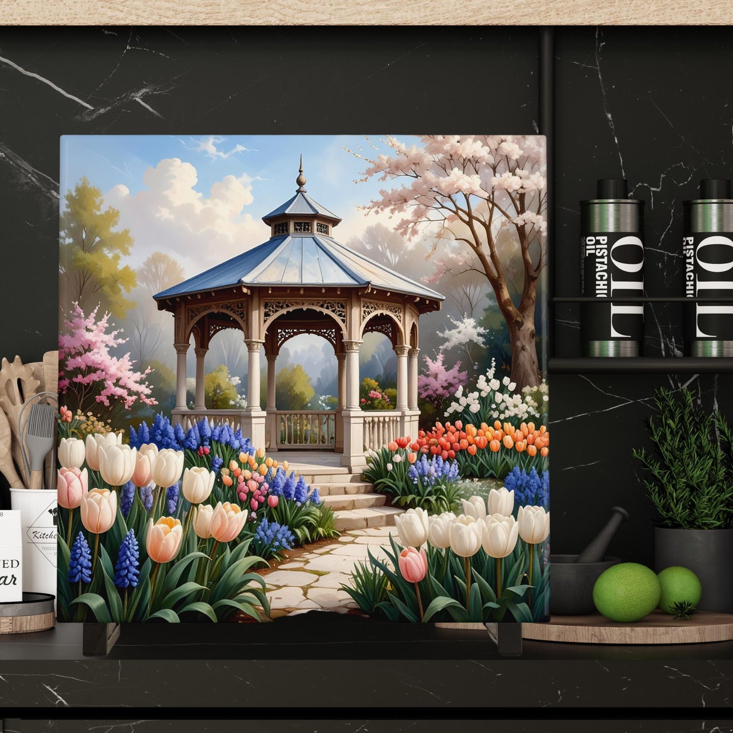 Garden Gazebo Ceramic Art Tile - Serene Floral Decor with Tulips and Hyacinths - Perfect for Nature Lovers Gift