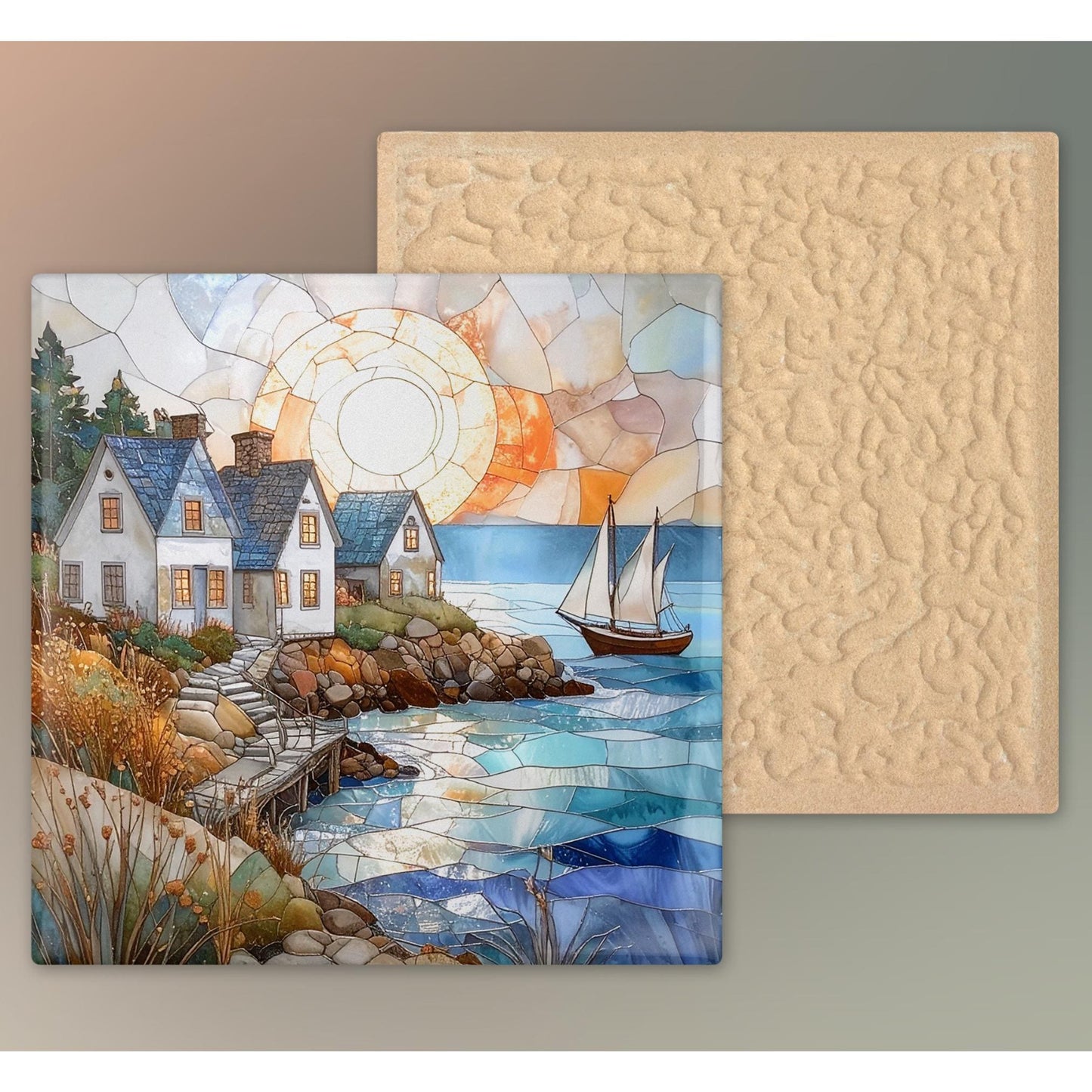 Coastal Living Ceramic Wall Art Tile, Stained Glass Look Art, Beautiful Ocean View Tile for Artful Display and Home Decor for Small Spaces